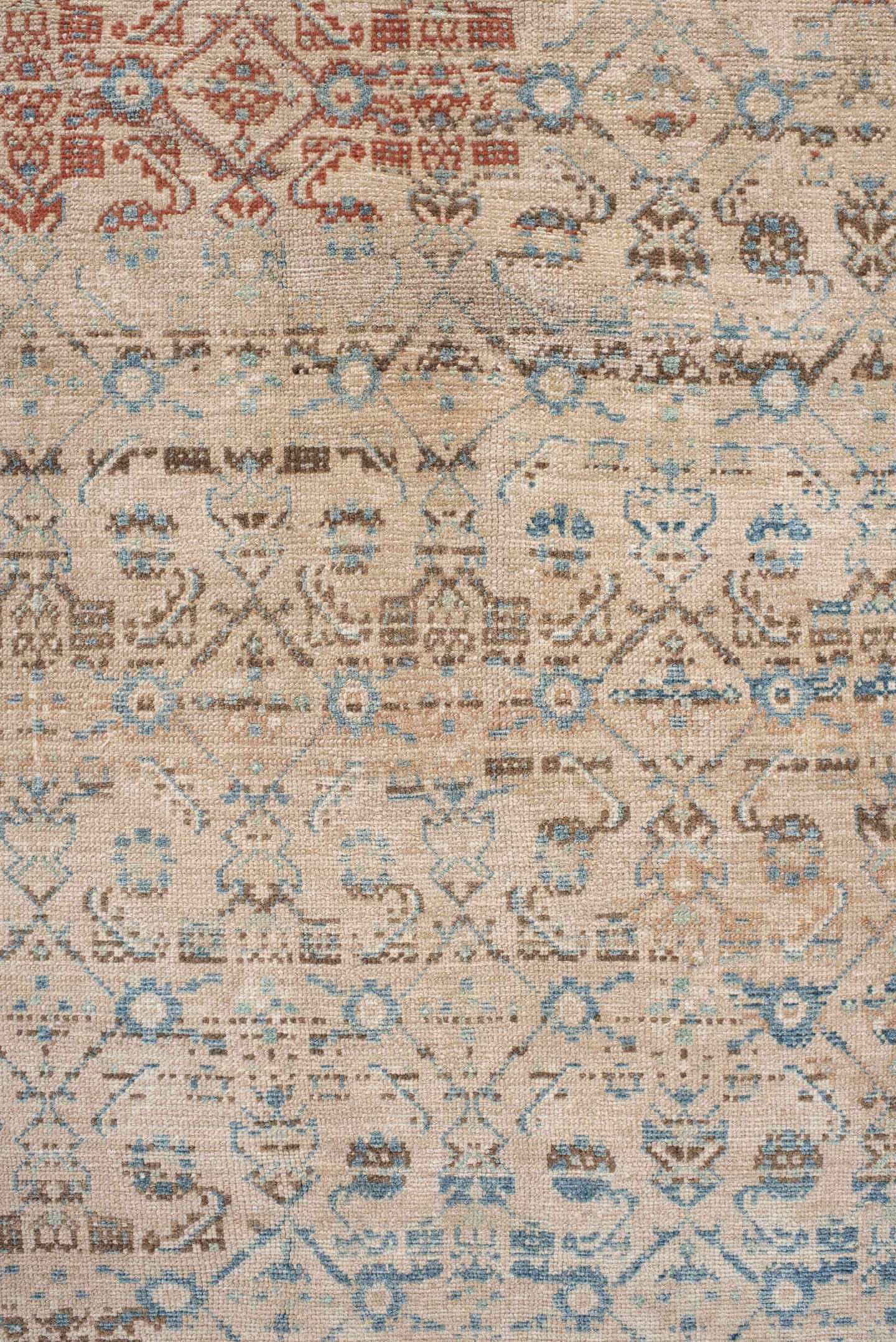 8' x 11' one-of-a-kind handmade vintage Malayer large size rug. Color palette: ivory, sky blue, taupe, rust, beige, slate