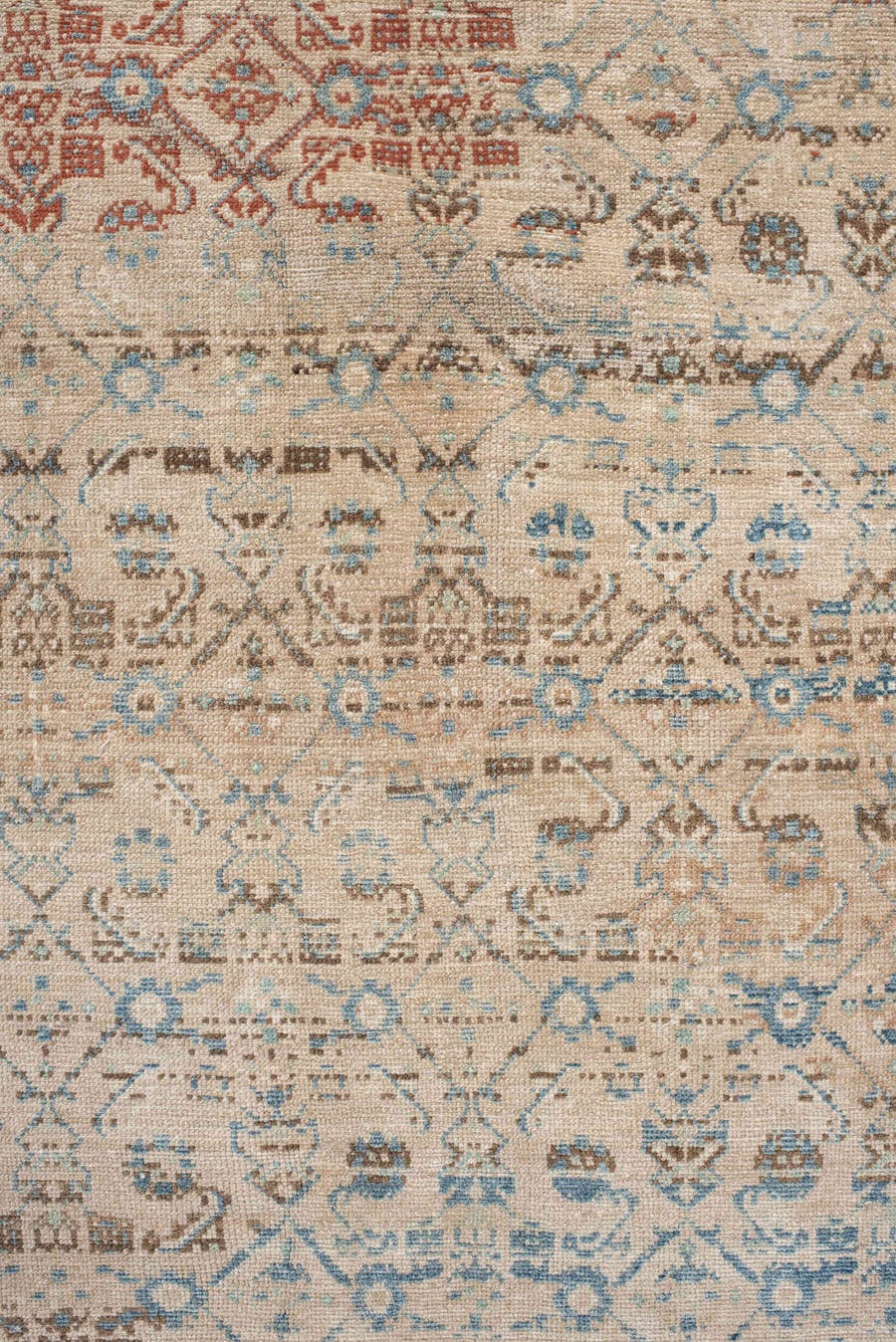 8' x 11' one-of-a-kind handmade vintage Malayer large size rug. Color palette: ivory, sky blue, taupe, rust, beige, slate