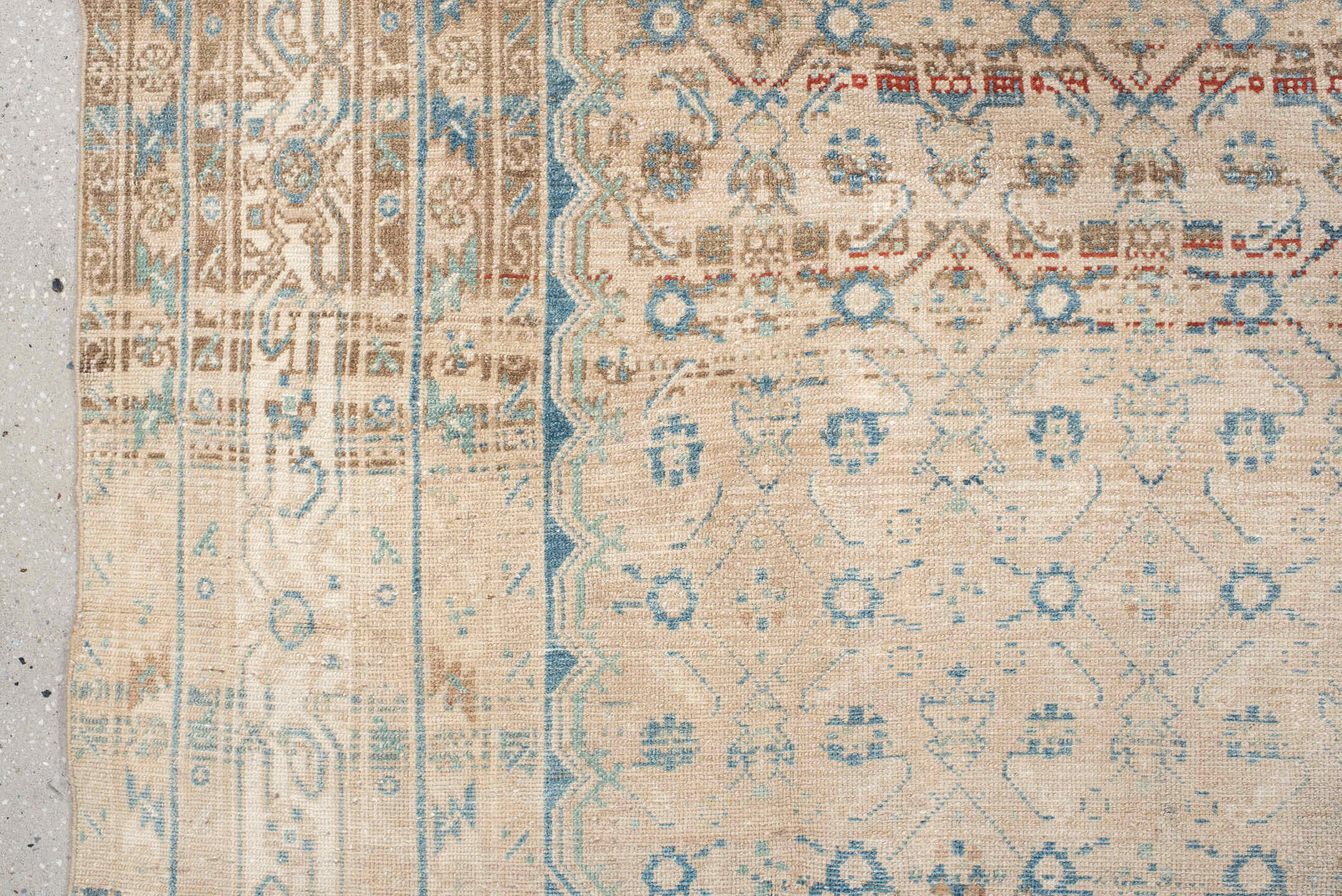 8' x 11' one-of-a-kind handmade vintage Malayer large size rug. Color palette: ivory, sky blue, taupe, rust, beige, slate