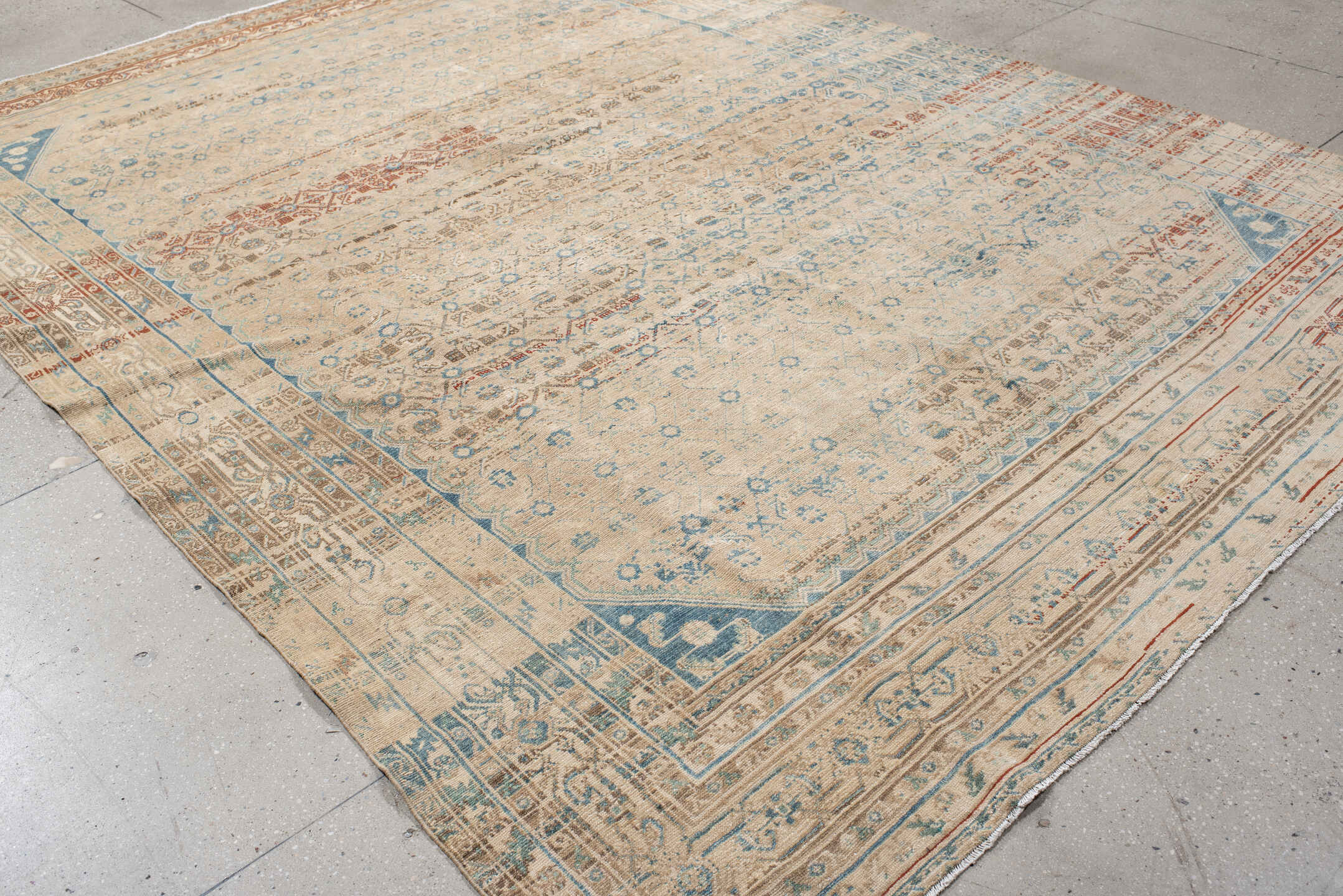 8' x 11' one-of-a-kind handmade vintage Malayer large size rug. Color palette: ivory, sky blue, taupe, rust, beige, slate