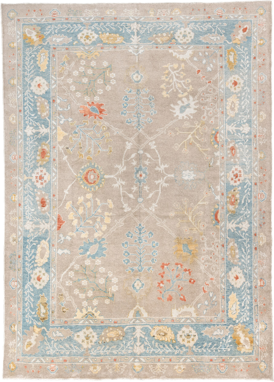 9' x 13' one-of-a-kind handmade vintage Oushak large size rug. Color palette: taupe, powder_blue, ivory, gold, coral, sage