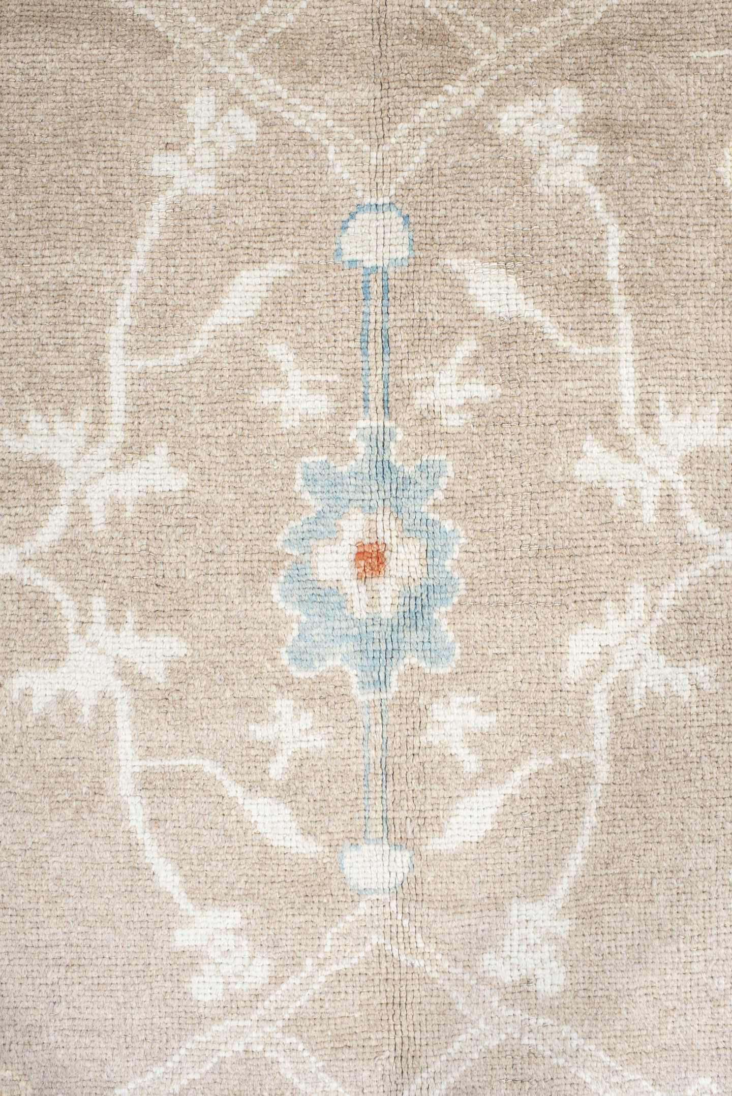 9' x 13' one-of-a-kind handmade vintage Oushak large size rug. Color palette: taupe, powder_blue, ivory, gold, coral, sage