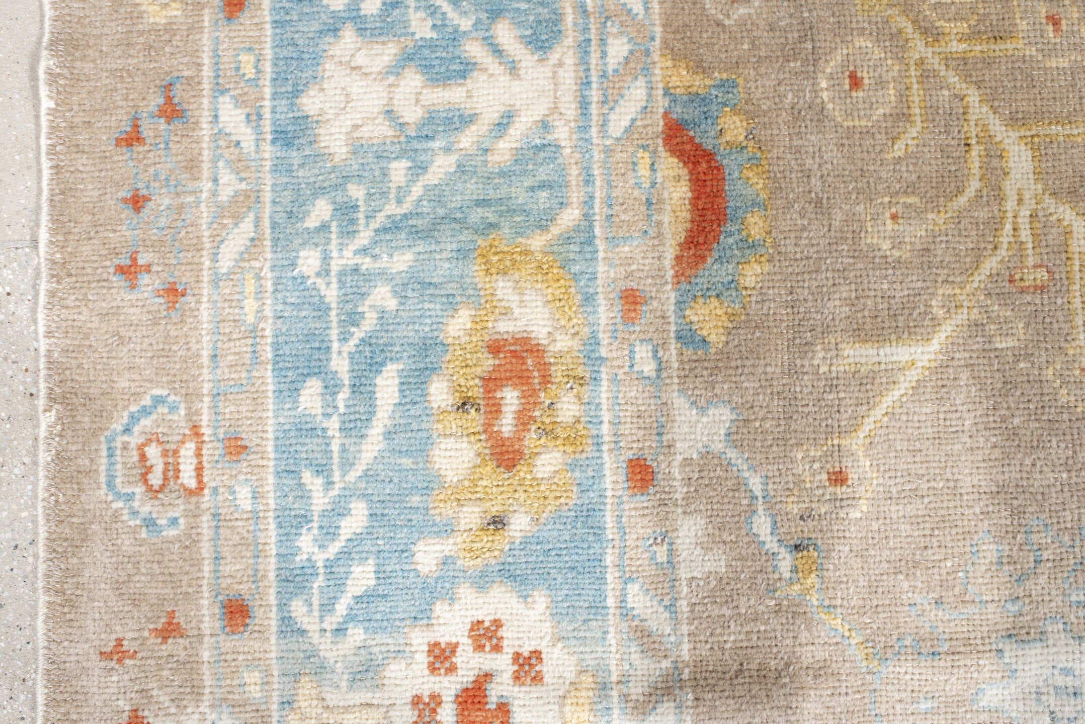 9' x 13' one-of-a-kind handmade vintage Oushak large size rug. Color palette: taupe, powder_blue, ivory, gold, coral, sage