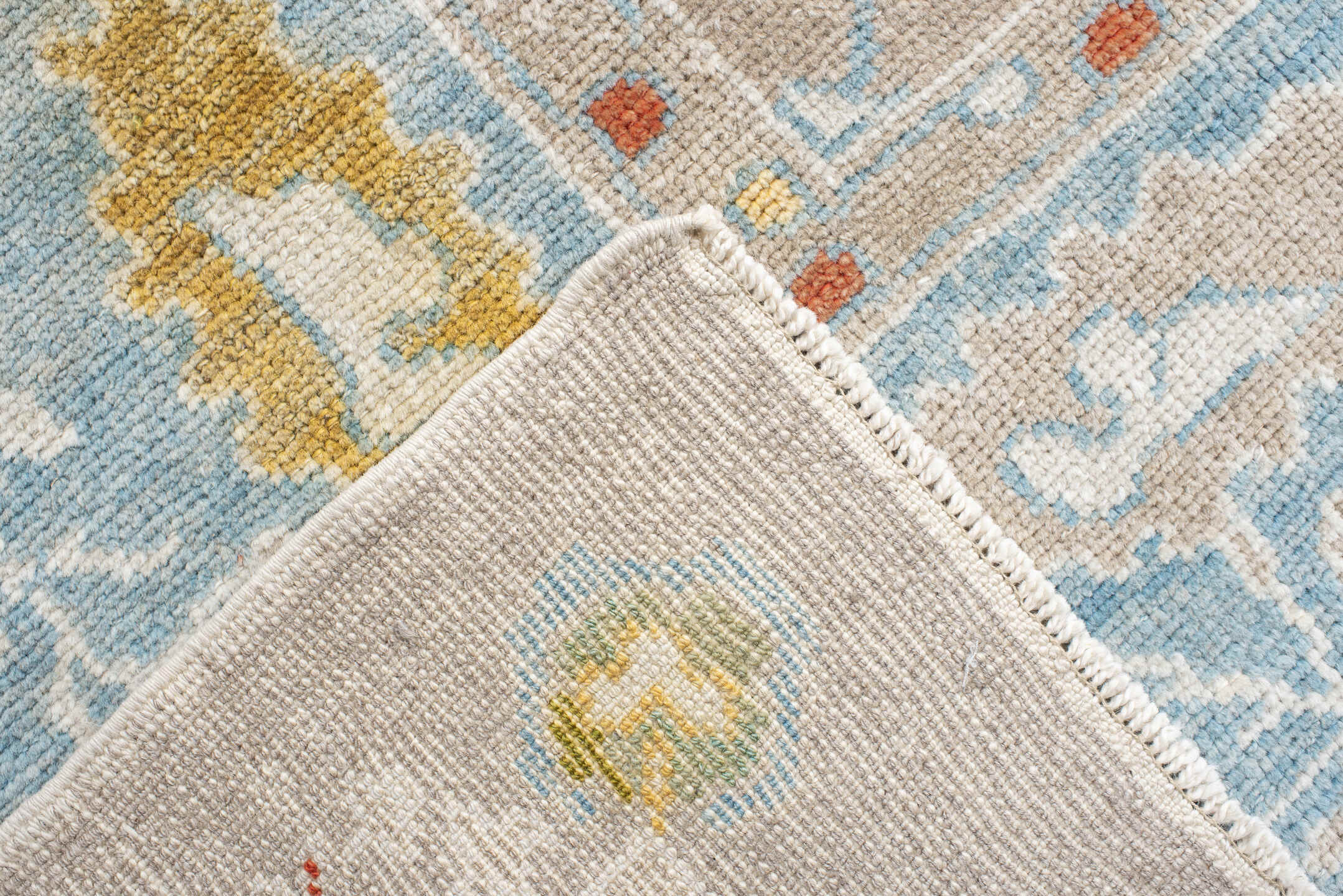 9' x 13' one-of-a-kind handmade vintage Oushak large size rug. Color palette: taupe, powder_blue, ivory, gold, coral, sage