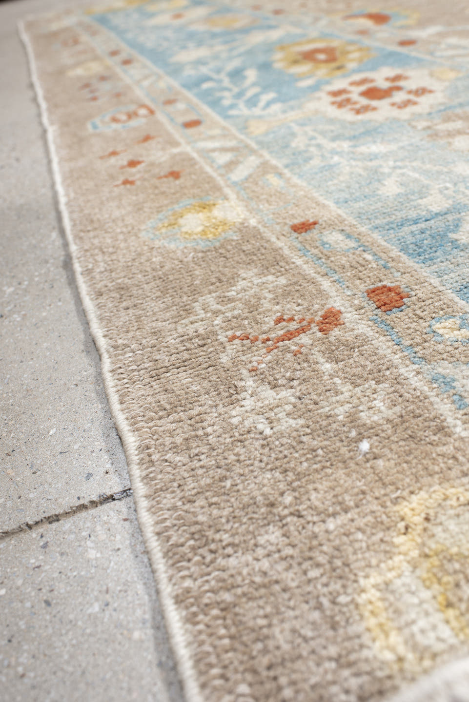 9' x 13' one-of-a-kind handmade vintage Oushak large size rug. Color palette: taupe, powder_blue, ivory, gold, coral, sage