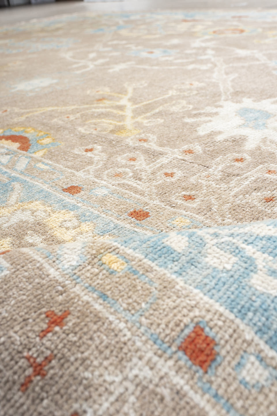 9' x 13' one-of-a-kind handmade vintage Oushak large size rug. Color palette: taupe, powder_blue, ivory, gold, coral, sage