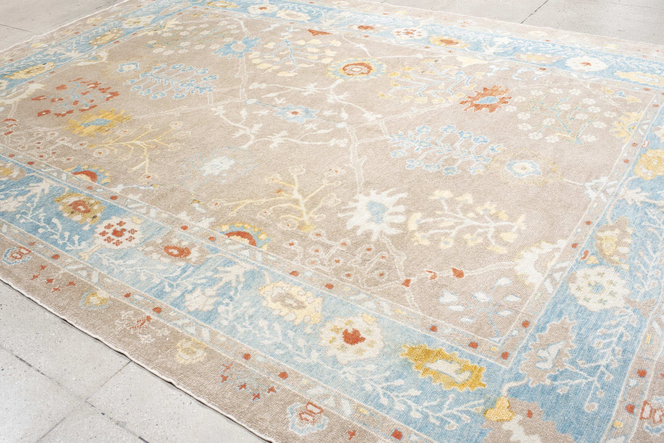 9' x 13' one-of-a-kind handmade vintage Oushak large size rug. Color palette: taupe, powder_blue, ivory, gold, coral, sage