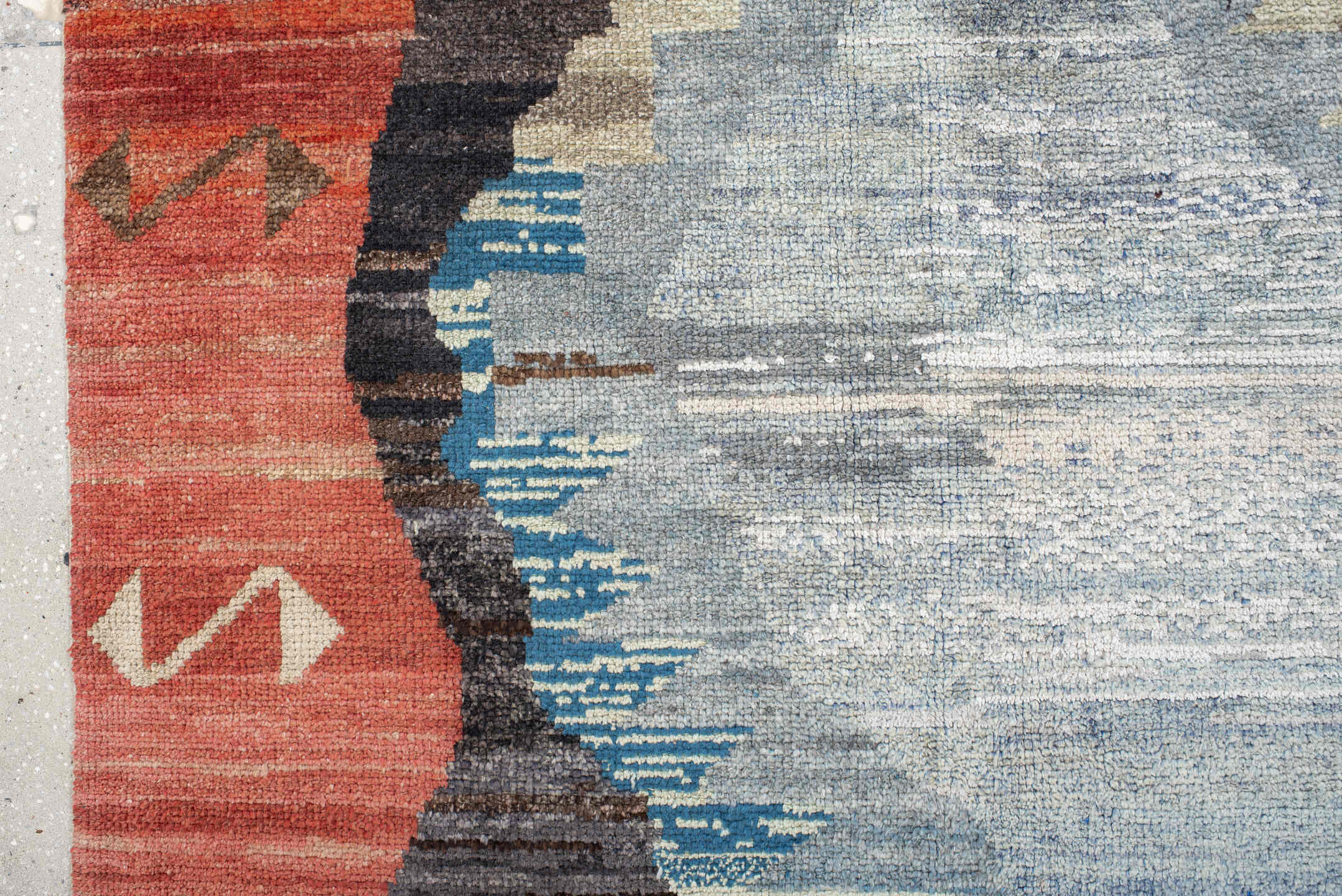 9' x 11' one-of-a-kind handmade vintage Kars large size rug. Color palette: terra cotta, charcoal, ivory, sky blue, taupe