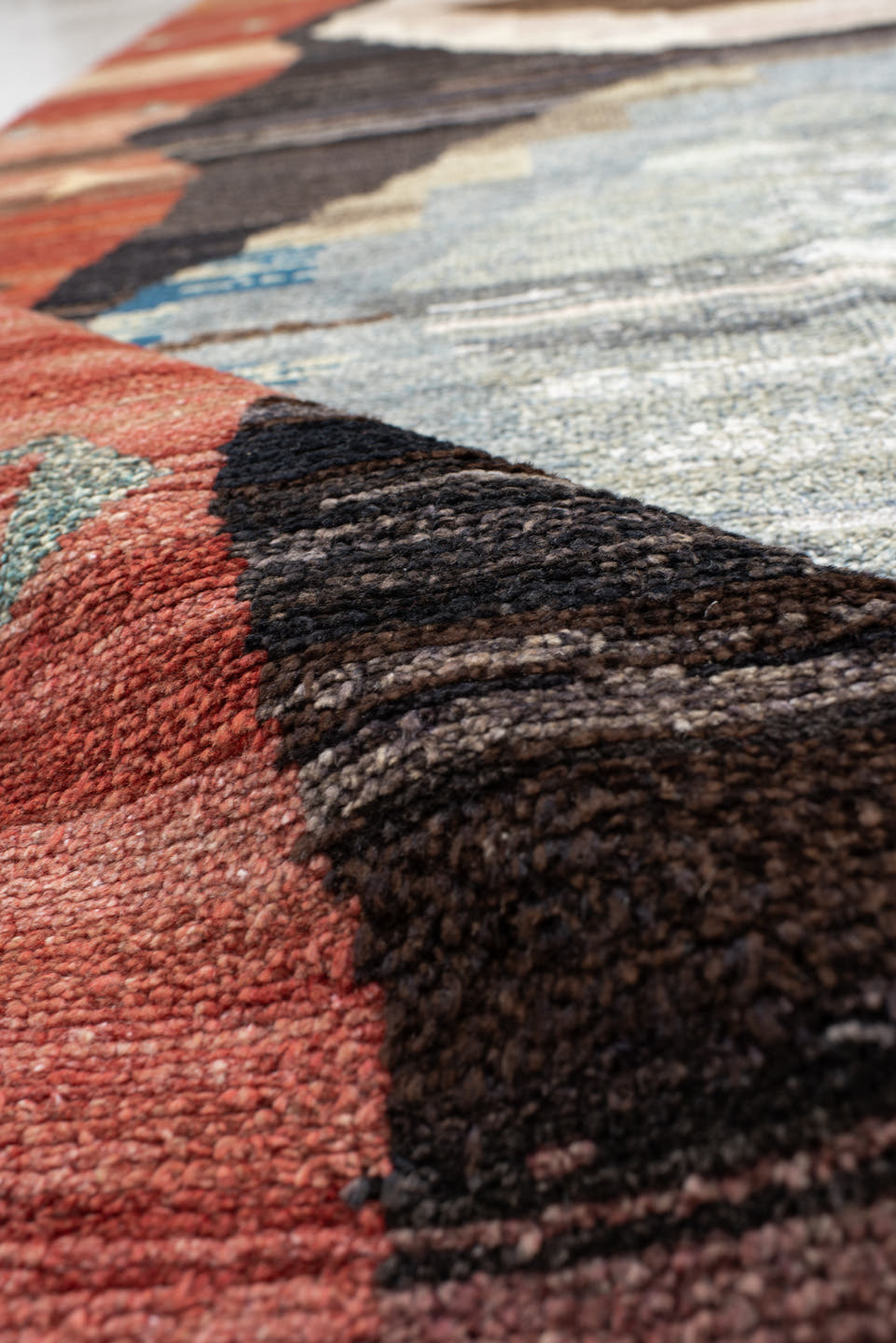9' x 11' one-of-a-kind handmade vintage Kars large size rug. Color palette: terra cotta, charcoal, ivory, sky blue, taupe
