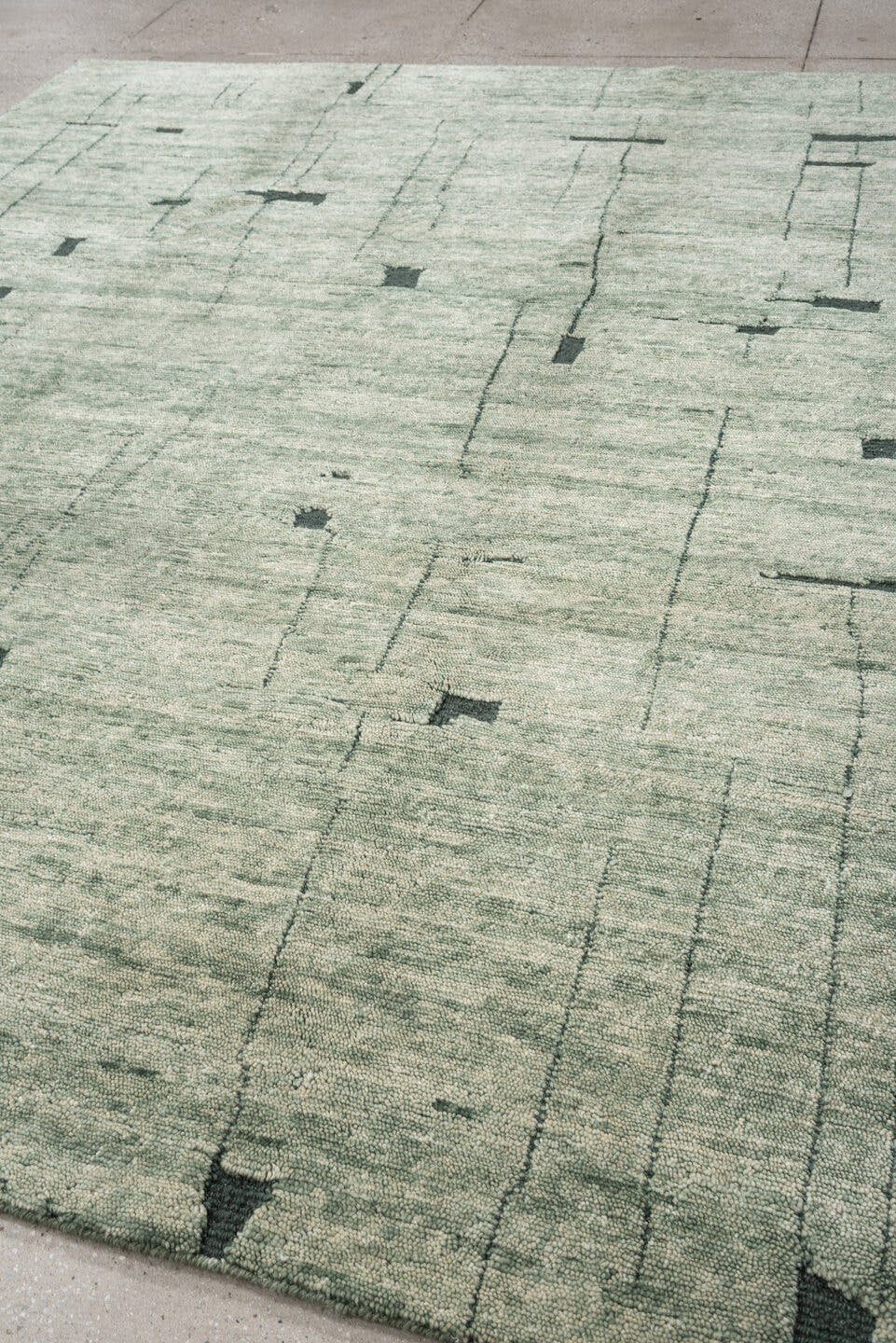 8' x 9' one-of-a-kind handmade vintage  large size rug. Color palette: sage, ivory, charcoal, taupe, olive, green, black