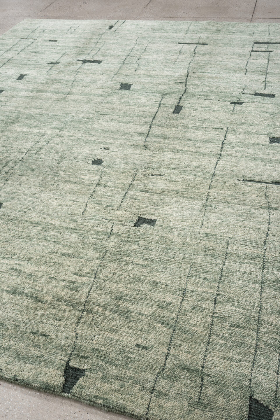 8' x 9' one-of-a-kind handmade vintage  large size rug. Color palette: sage, ivory, charcoal, taupe, olive, green, black