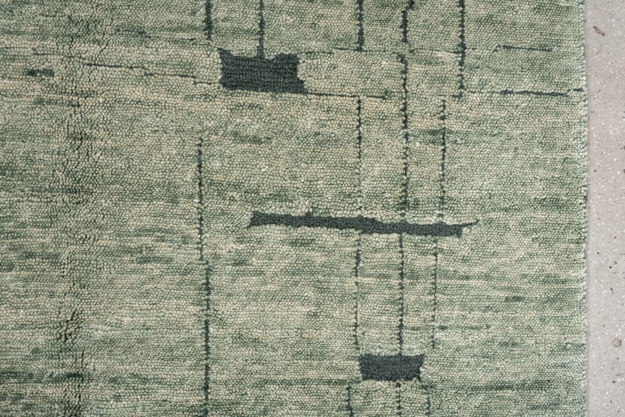 8' x 9' one-of-a-kind handmade vintage  large size rug. Color palette: sage, ivory, charcoal, taupe, olive, green, black