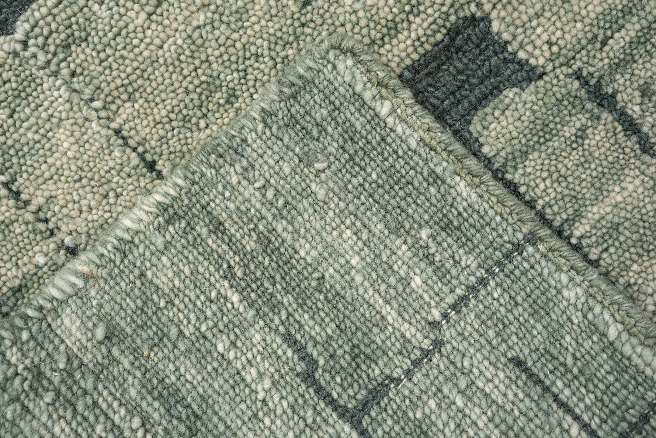 8' x 9' one-of-a-kind handmade vintage  large size rug. Color palette: sage, ivory, charcoal, taupe, olive, green, black