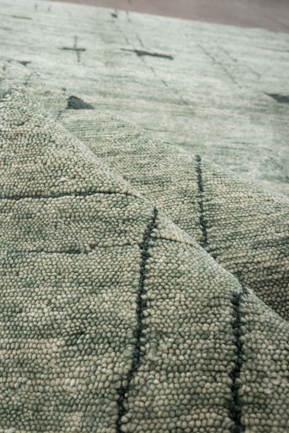 8' x 9' one-of-a-kind handmade vintage  large size rug. Color palette: sage, ivory, charcoal, taupe, olive, green, black