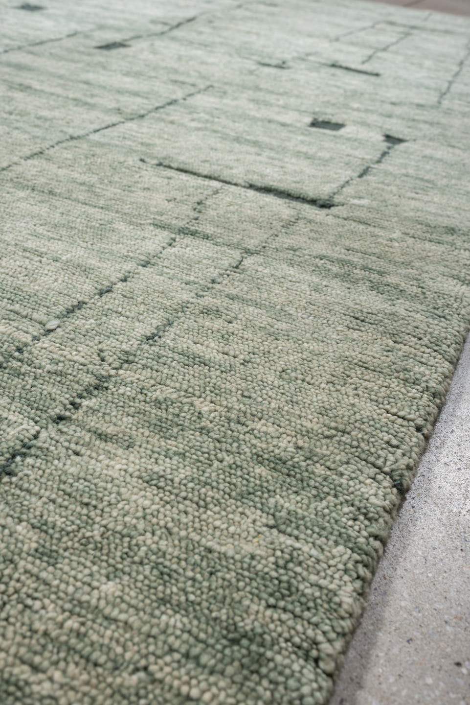 8' x 9' one-of-a-kind handmade vintage  large size rug. Color palette: sage, ivory, charcoal, taupe, olive, green, black