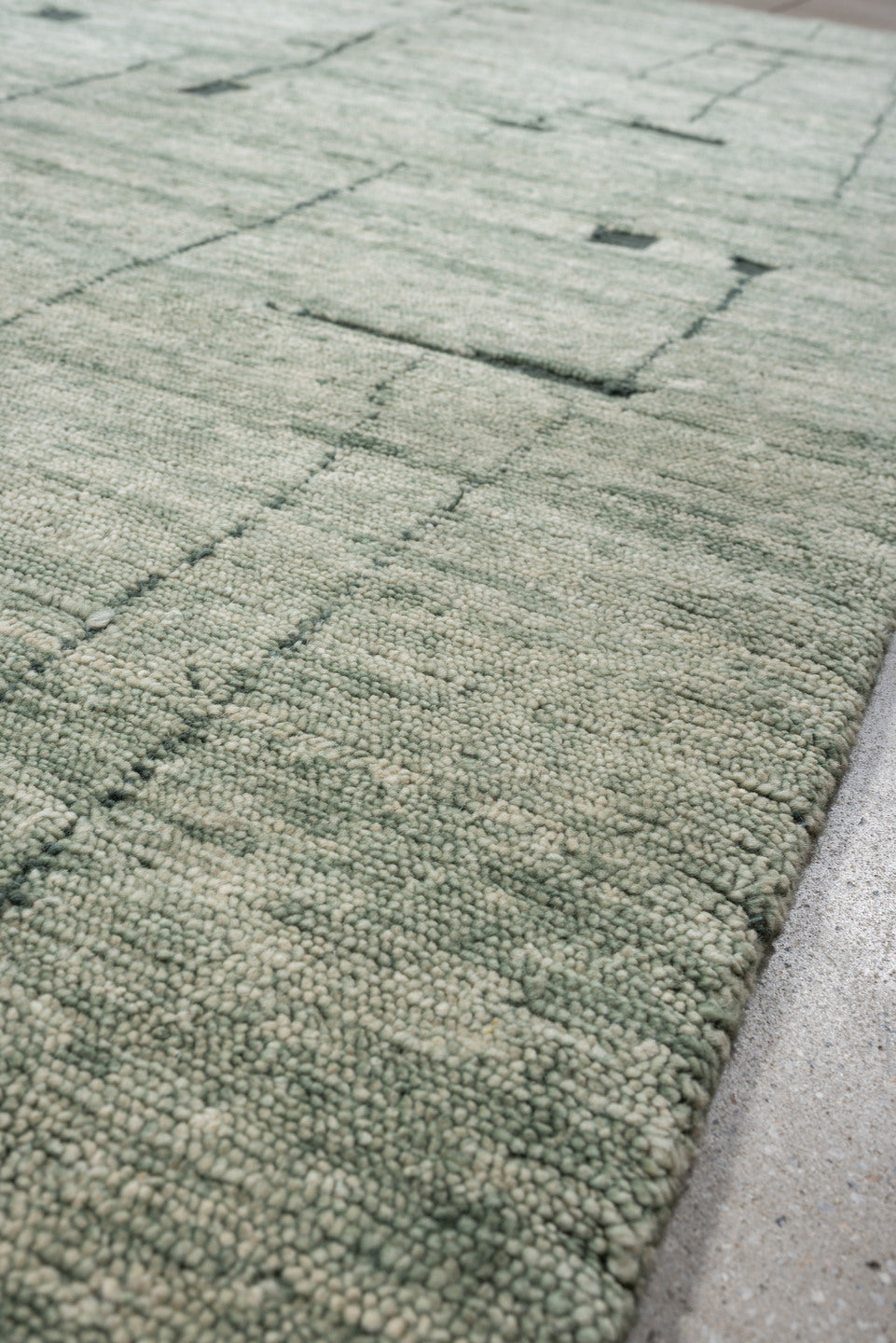 8' x 9' one-of-a-kind handmade vintage  large size rug. Color palette: sage, ivory, charcoal, taupe, olive, green, black