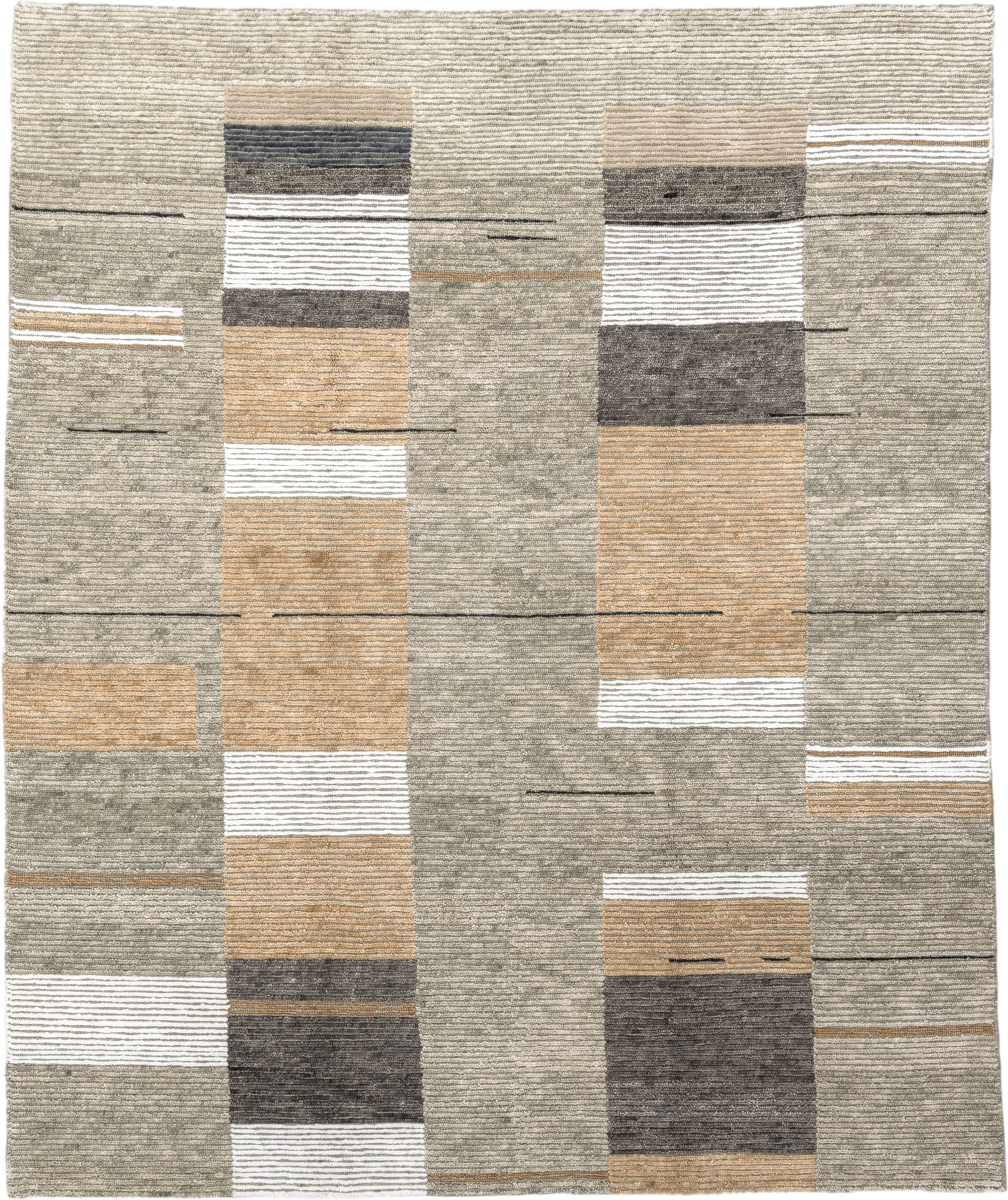 8' x 9' one-of-a-kind handmade vintage Tribeca rug. Color palette: taupe, ivory, camel, charcoal, gray, ochre, beige, black