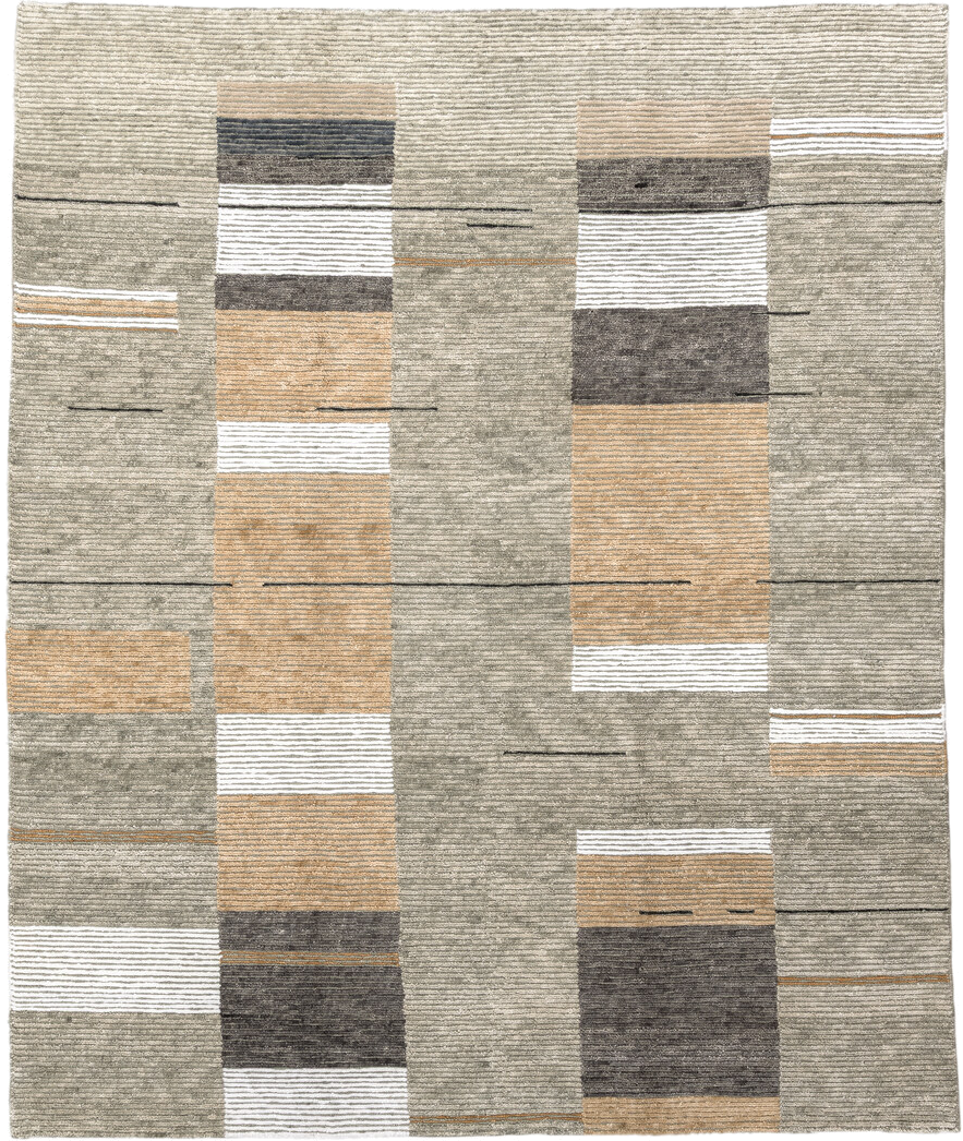 8' x 9' one-of-a-kind handmade vintage Tribeca rug. Color palette: taupe, ivory, camel, charcoal, gray, ochre, beige, black