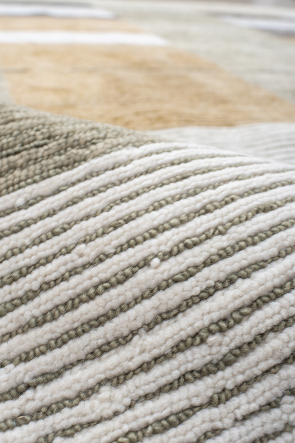8' x 9' one-of-a-kind handmade vintage Tribeca rug. Color palette: taupe, ivory, camel, charcoal, gray, ochre, beige, black