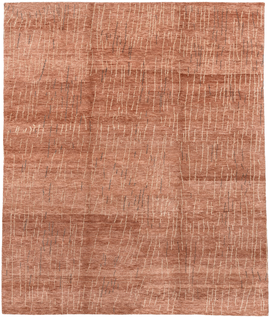 8' x 9' one-of-a-kind handmade vintage Tribeca rug. Color palette: terra cotta, rose, ivory, charcoal, terracotta, brown