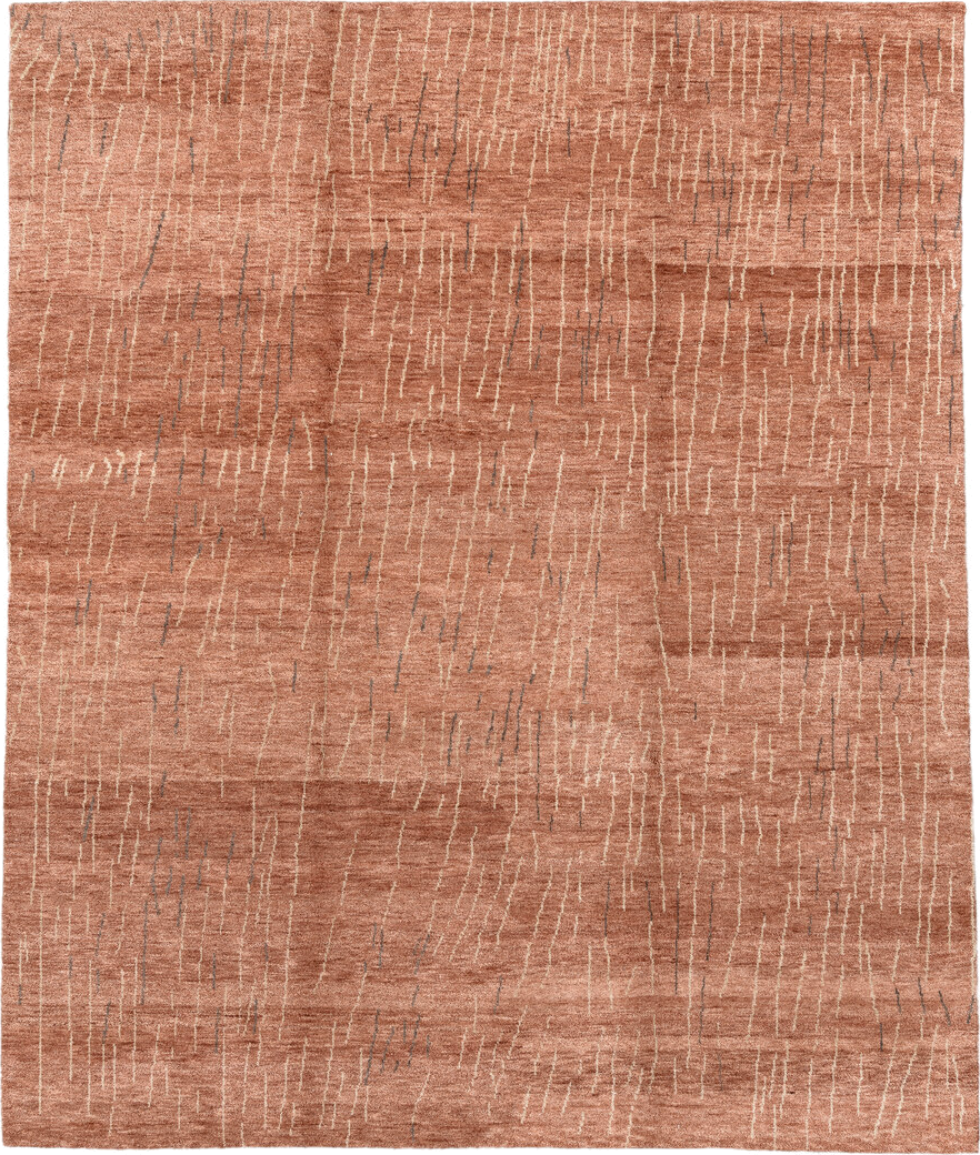 8' x 9' one-of-a-kind handmade vintage Tribeca rug. Color palette: bisque, brown, off-white, orange, pink