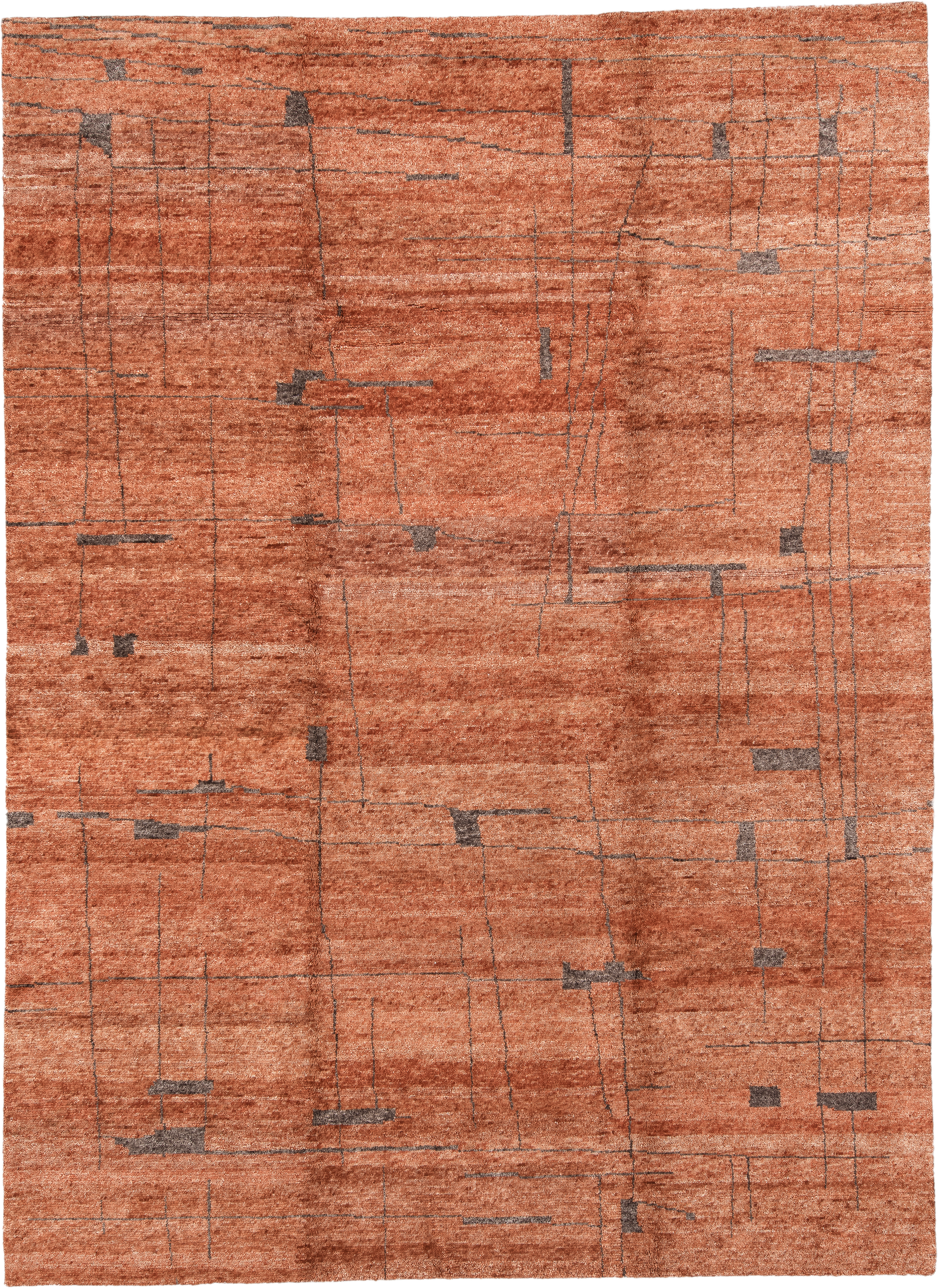 9' x 12' one-of-a-kind handmade vintage Tribeca large size rug. Color palette: terra cotta, rust, charcoal, copper
