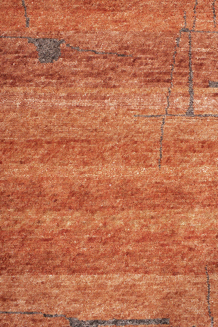 9' x 12' one-of-a-kind handmade vintage Tribeca large size rug. Color palette: terra cotta, rust, charcoal, copper