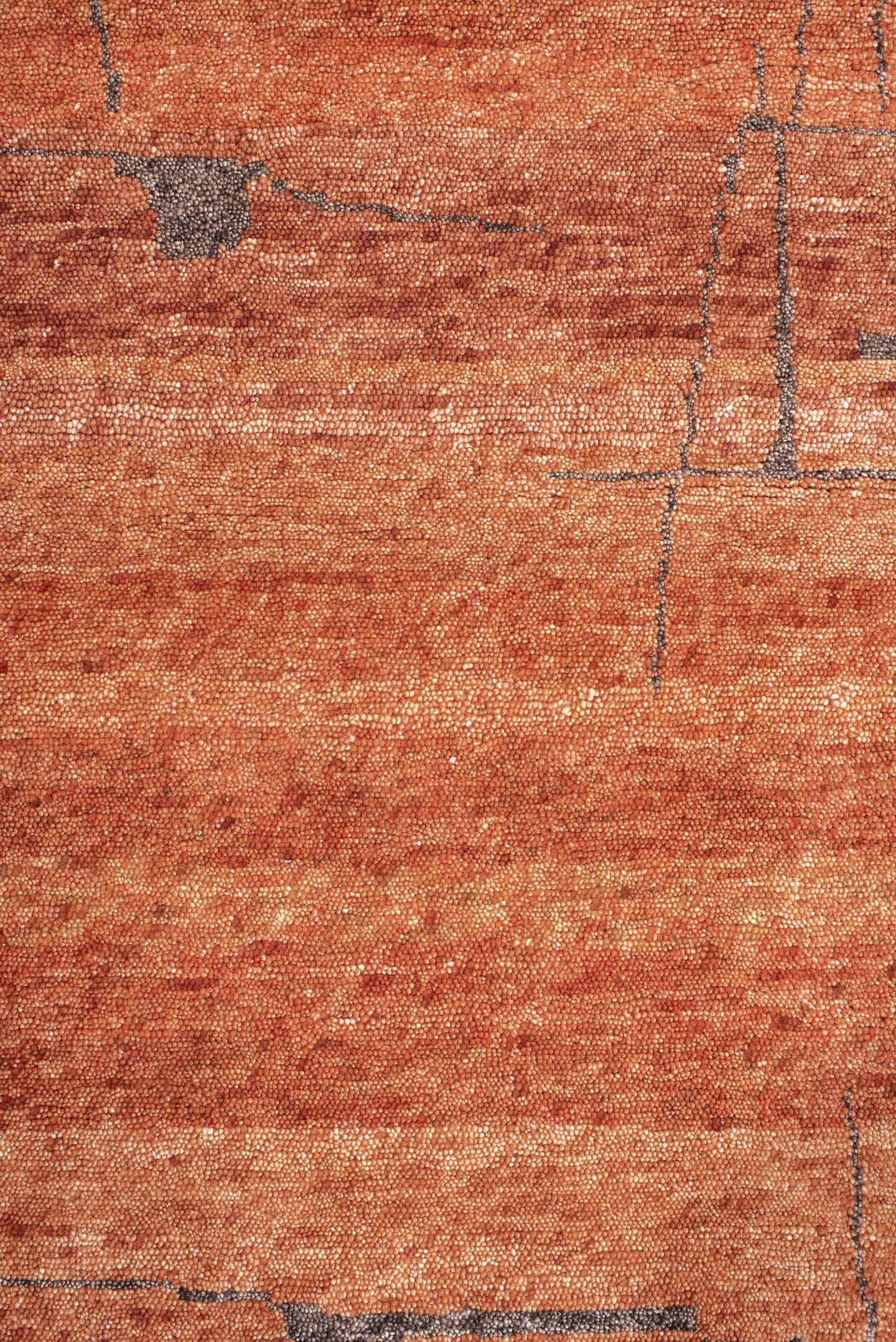 9' x 12' one-of-a-kind handmade vintage Tribeca large size rug. Color palette: terra cotta, rust, charcoal, copper