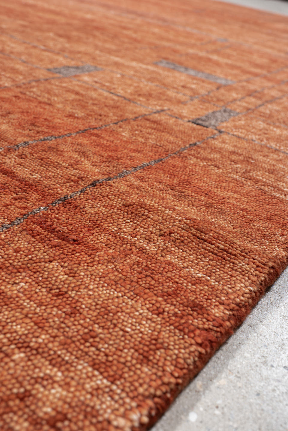9' x 12' one-of-a-kind handmade vintage Tribeca large size rug. Color palette: terra cotta, rust, charcoal, copper