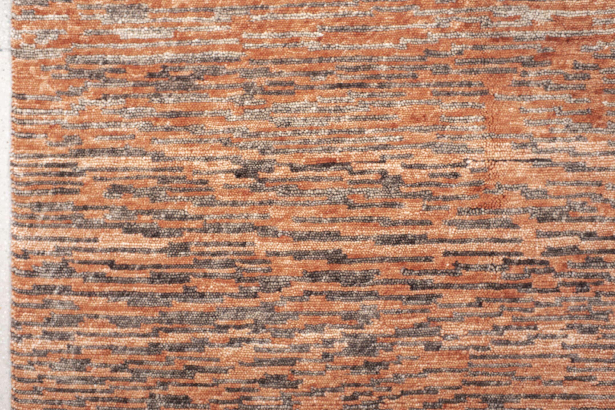 8' x 10' one-of-a-kind handmade vintage Tribeca large size rug. Color palette: terra cotta, charcoal, rose, taupe, camel
