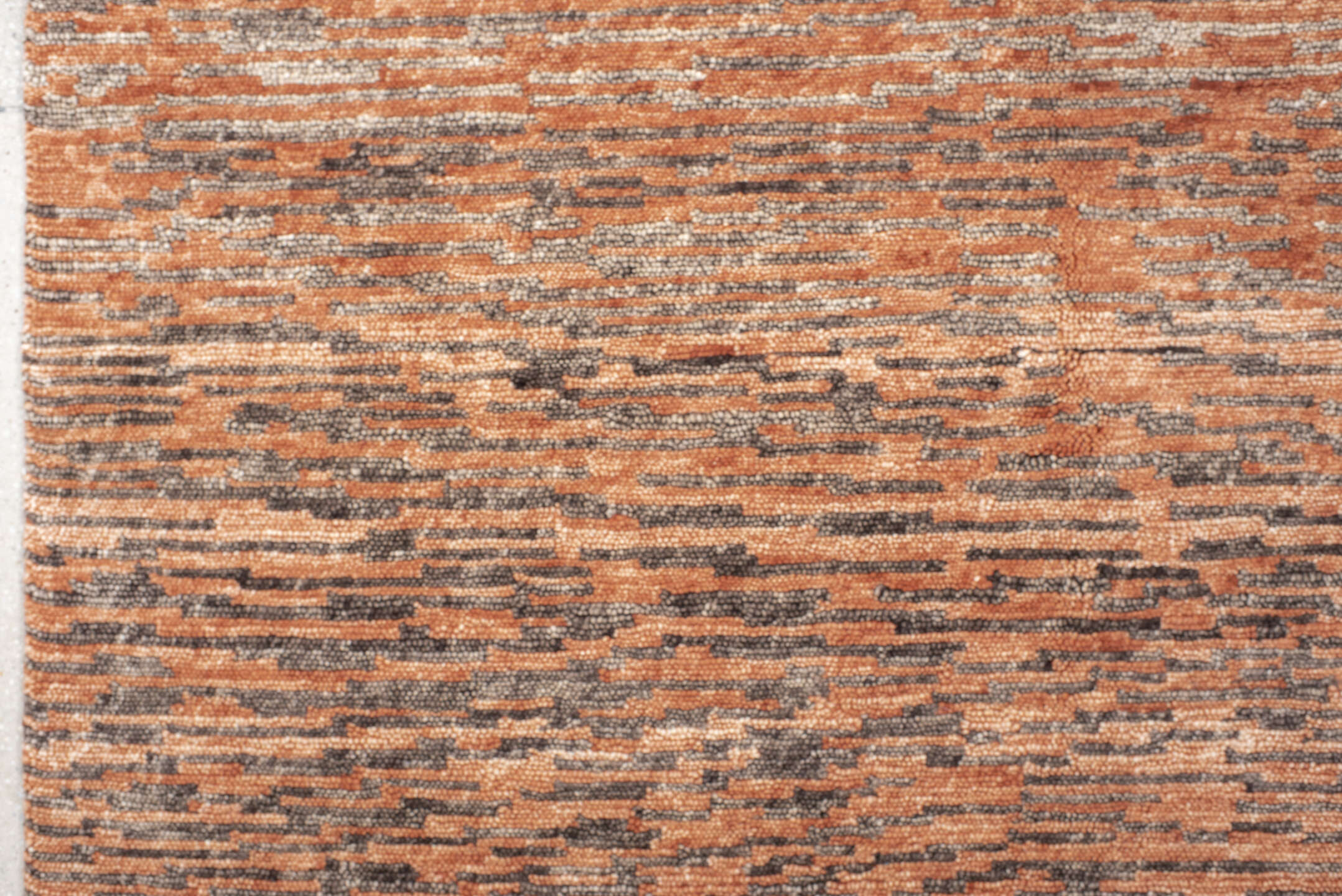 8' x 10' one-of-a-kind handmade vintage Tribeca large size rug. Color palette: terra cotta, charcoal, rose, taupe, camel