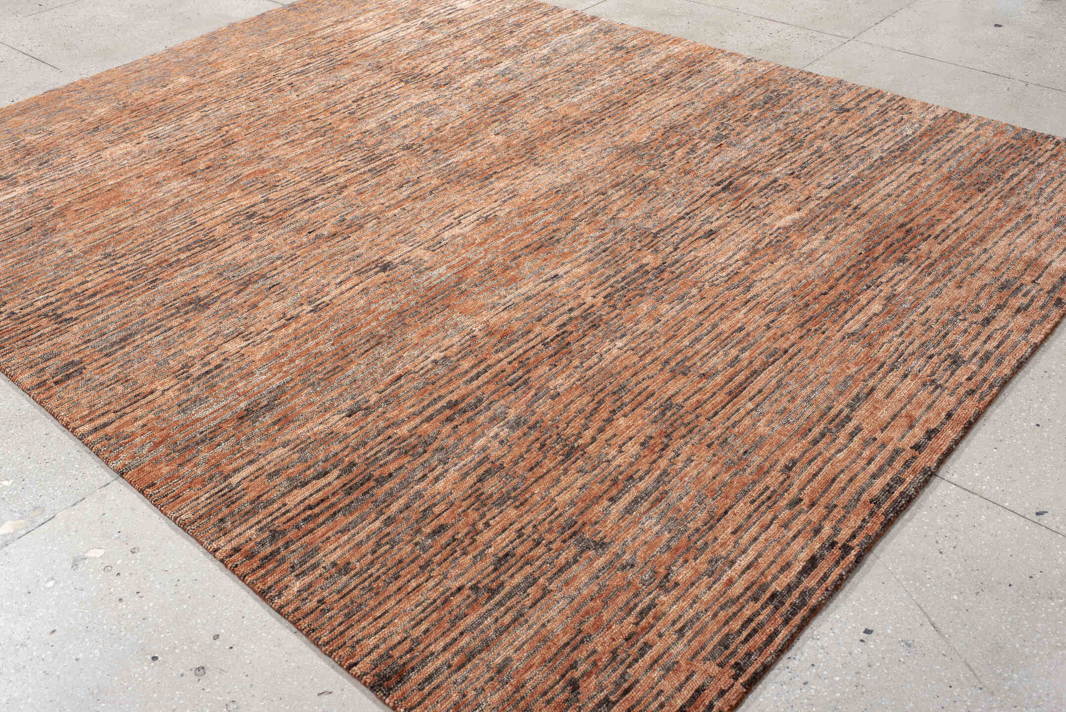 8' x 10' one-of-a-kind handmade vintage Tribeca large size rug. Color palette: terra cotta, charcoal, rose, taupe, camel
