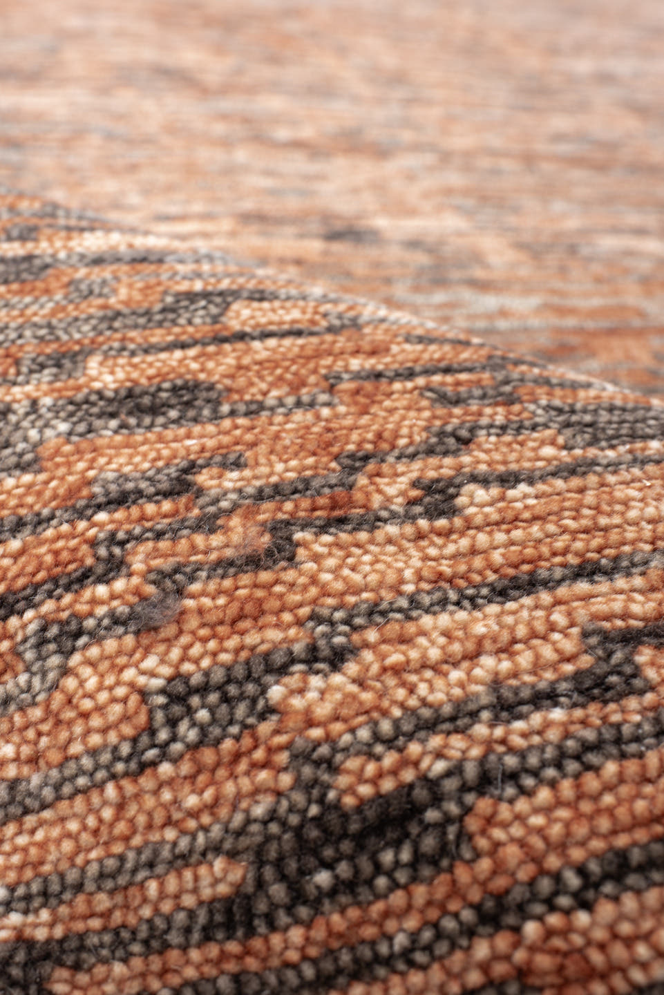 8' x 10' one-of-a-kind handmade vintage Tribeca large size rug. Color palette: terra cotta, charcoal, rose, taupe, camel