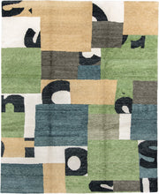 8' x 10' one-of-a-kind handmade vintage large size rug. Color palette: sage, gold, teal, ivory, charcoal, slate, green