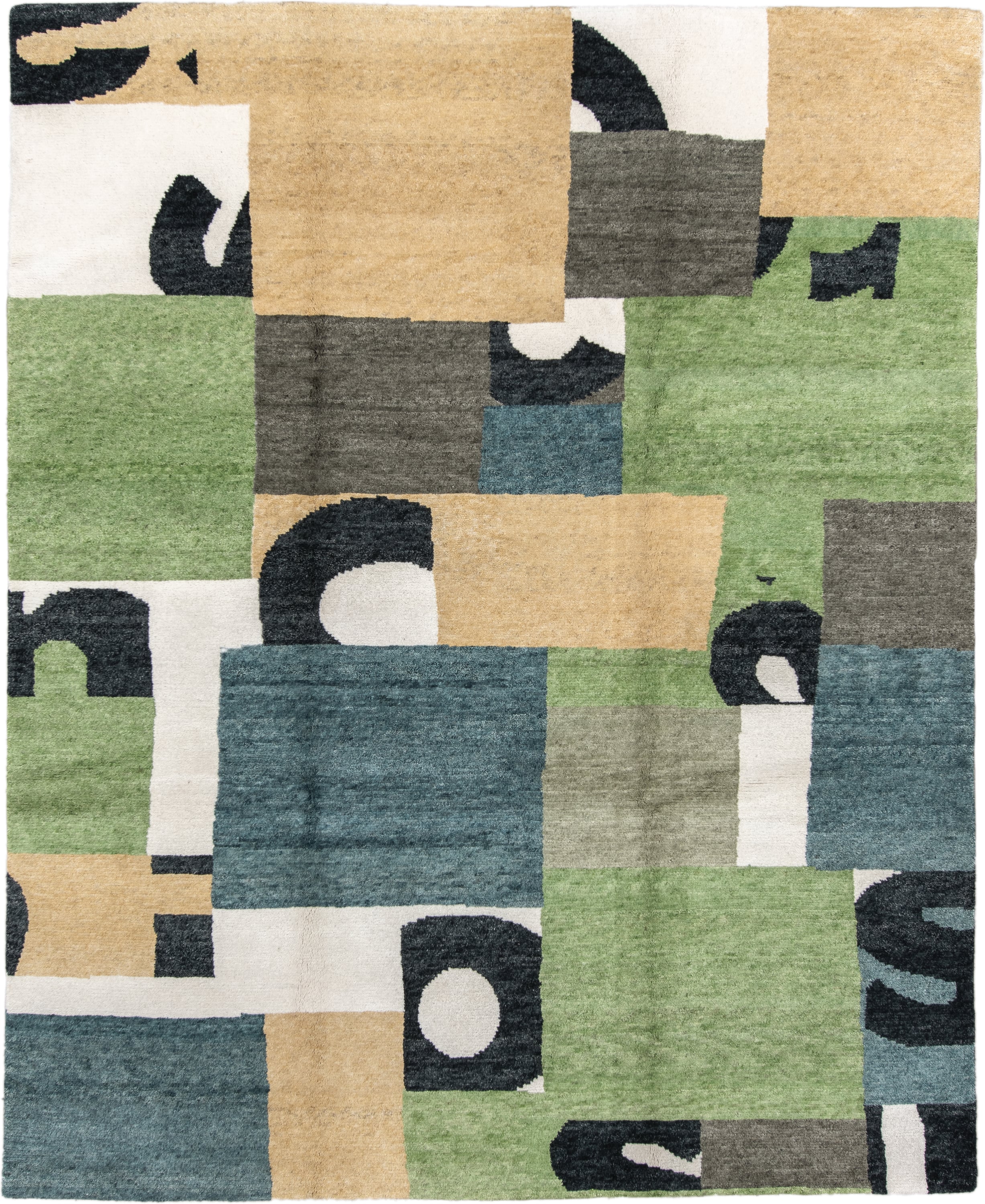 8' x 10' one-of-a-kind handmade vintage  large size rug. Color palette: sage, gold, teal, ivory, charcoal, slate, green