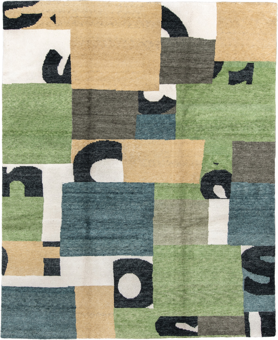 8' x 10' one-of-a-kind handmade vintage  large size rug. Color palette: sage, gold, teal, ivory, charcoal, slate, green