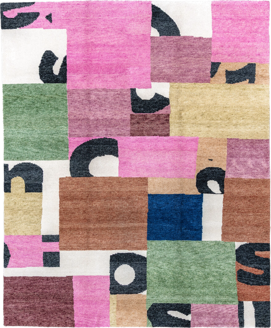 8' x 10' one-of-a-kind handmade vintage Tribeca large size rug. Color palette: pink, ivory, charcoal, sage, mauve, camel