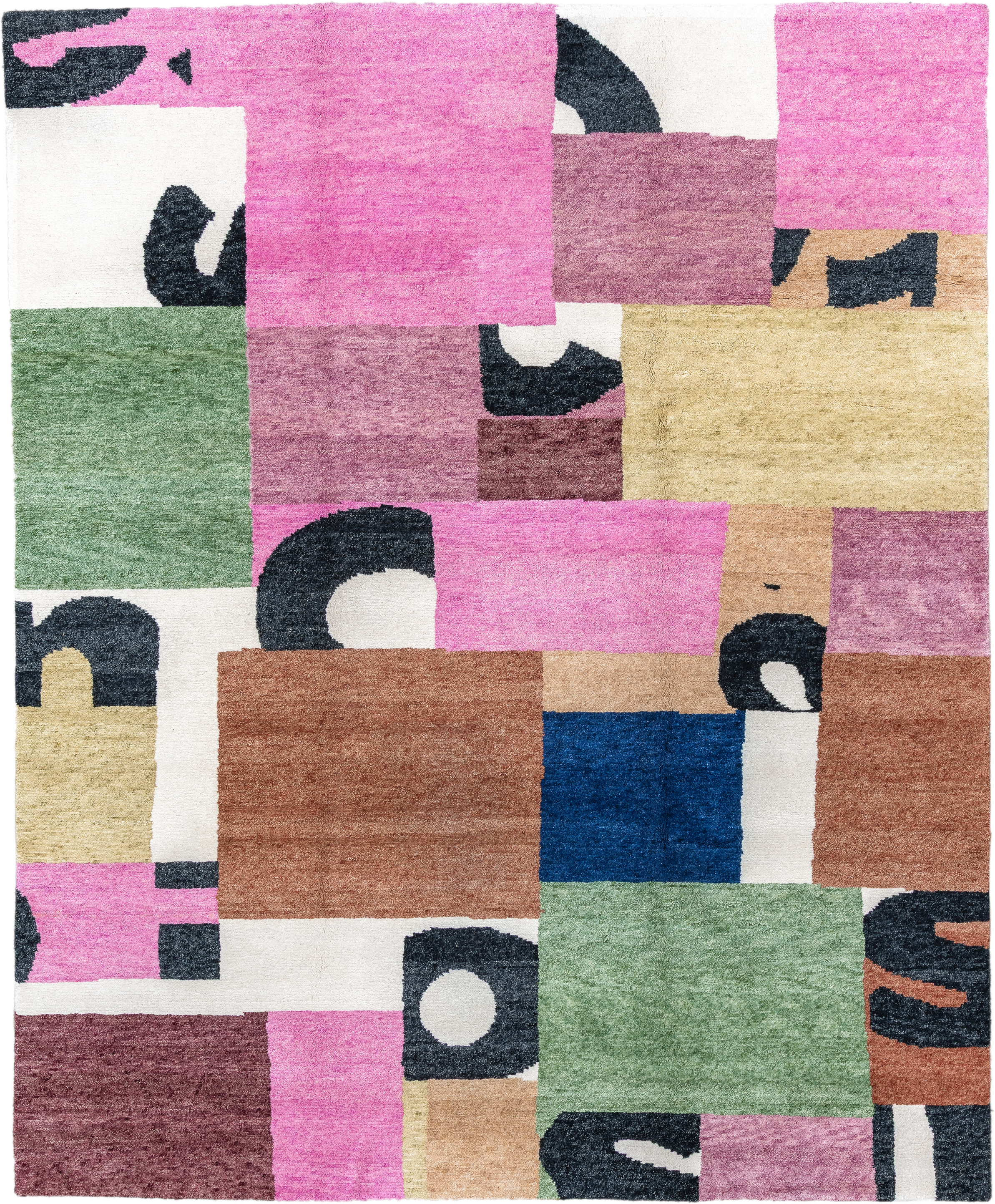 8' x 10' one-of-a-kind handmade vintage Tribeca large size rug. Color palette: pink, ivory, charcoal, sage, mauve, camel