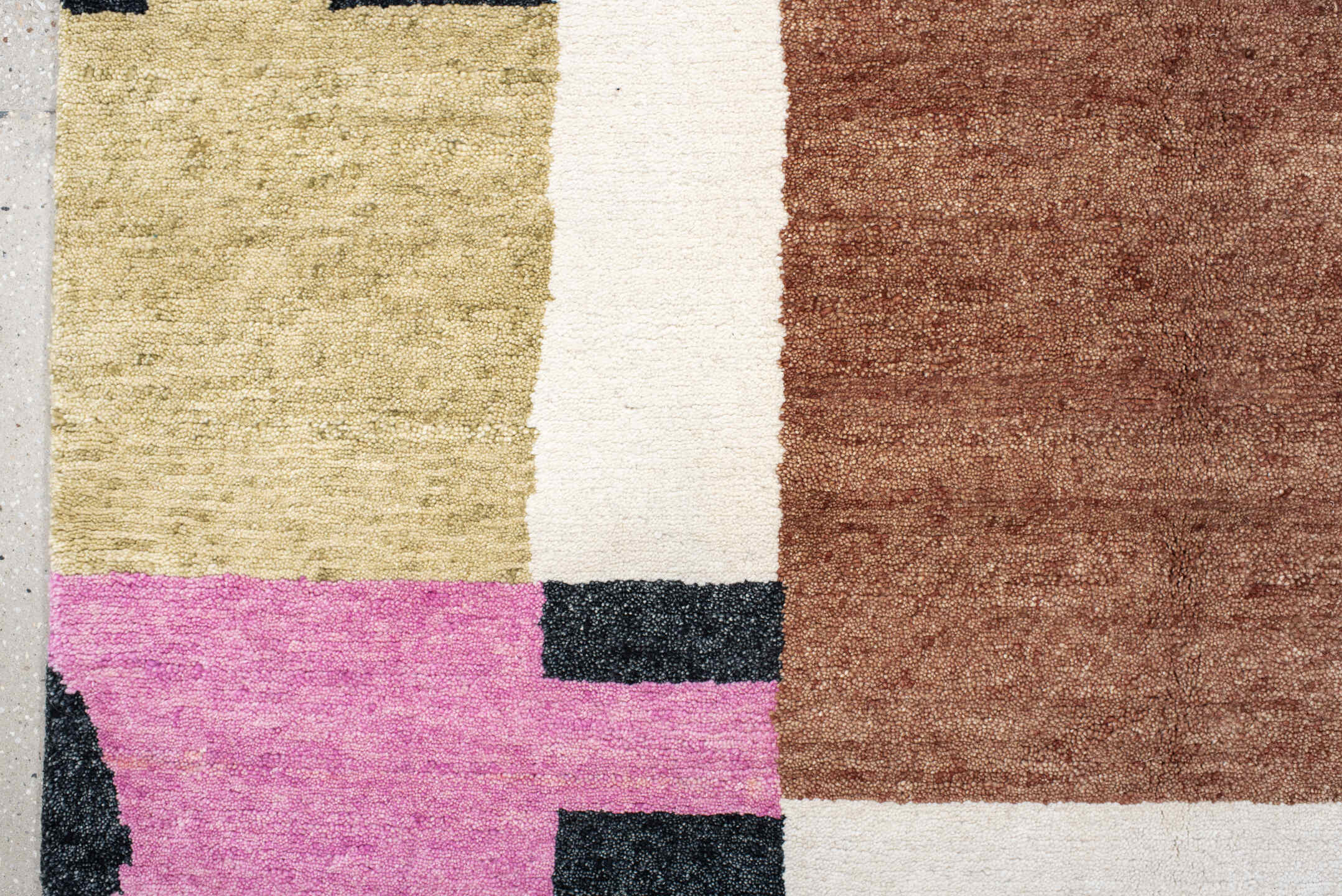 8' x 10' one-of-a-kind handmade vintage Tribeca large size rug. Color palette: pink, ivory, charcoal, sage, mauve, camel