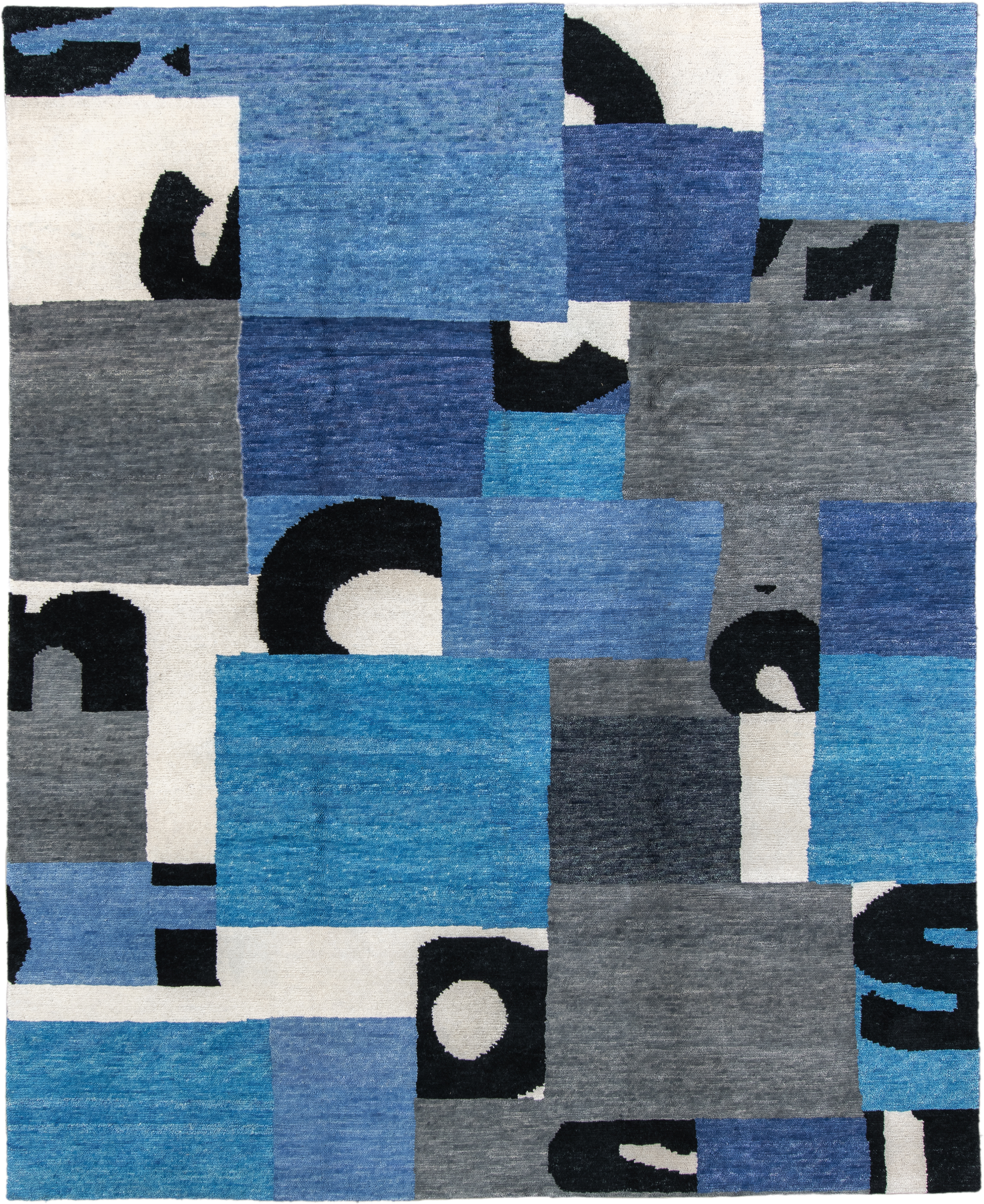 8' x 10' one-of-a-kind handmade vintage Tribeca large size rug. Color palette: blue, gray, ivory, navy, black, sky_blue
