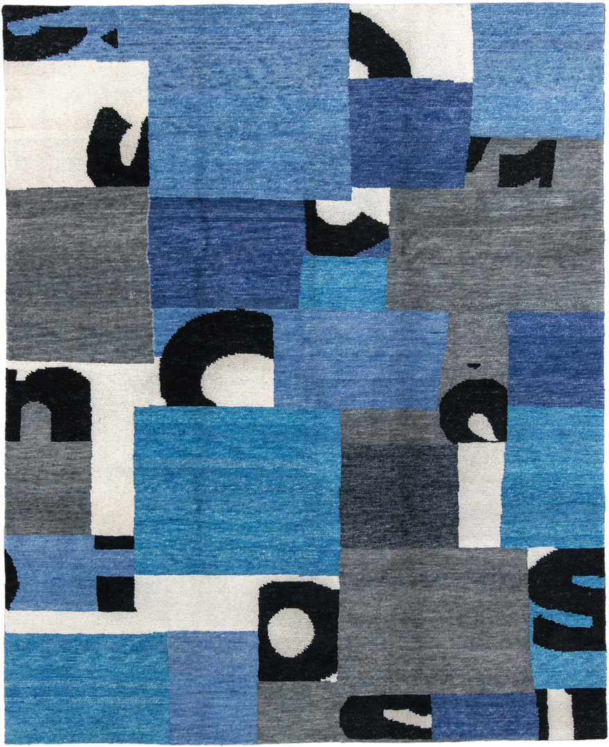 8' x 10' one-of-a-kind handmade vintage Tribeca large size rug. Color palette: blue, gray, ivory, navy, black, sky_blue