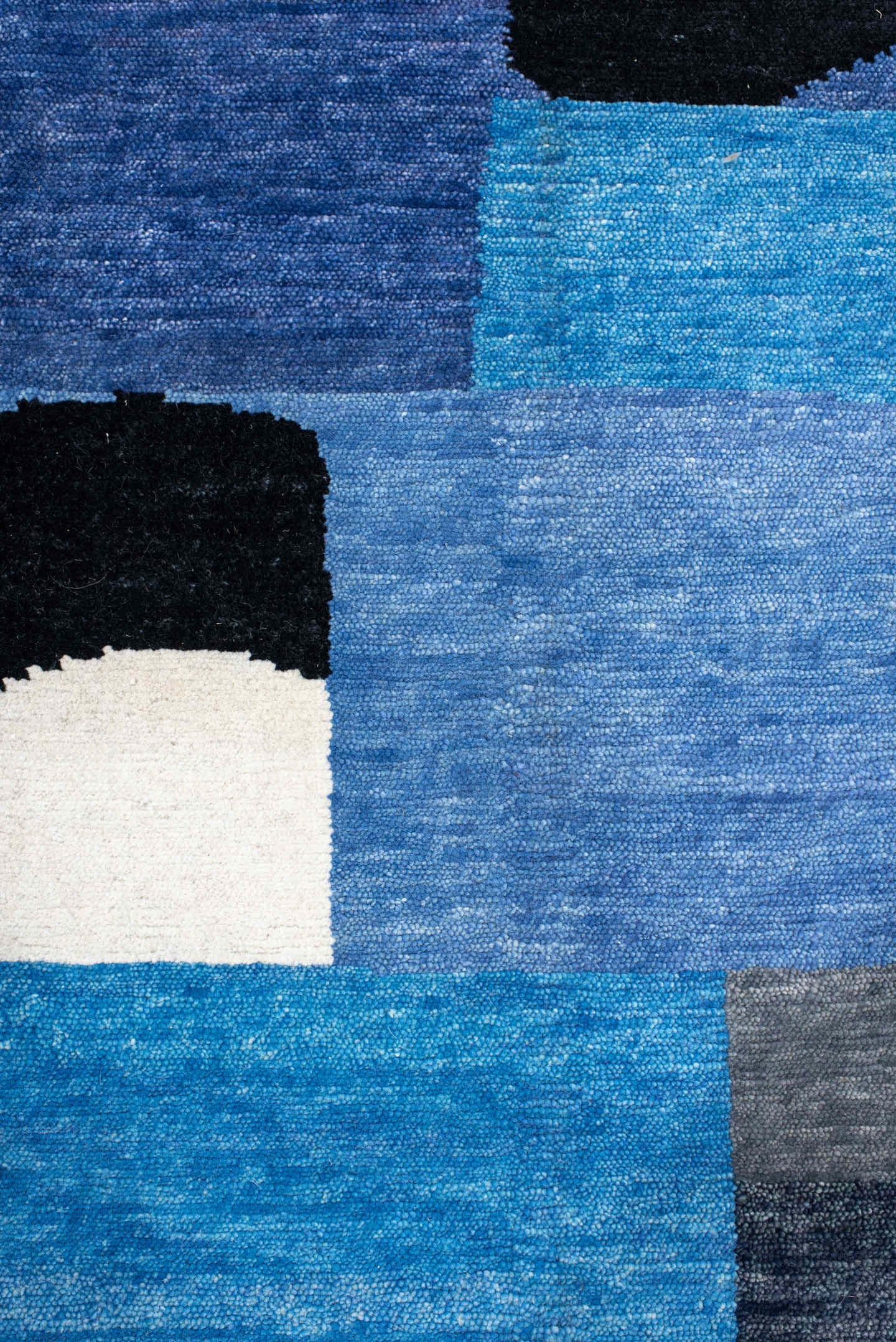 8' x 10' one-of-a-kind handmade vintage Tribeca large size rug. Color palette: blue, gray, ivory, navy, black, sky_blue