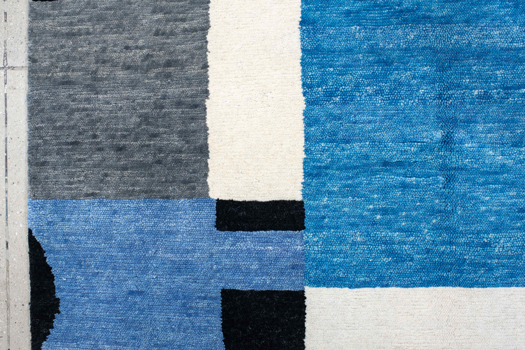 8' x 10' one-of-a-kind handmade vintage Tribeca large size rug. Color palette: blue, gray, ivory, navy, black, sky_blue