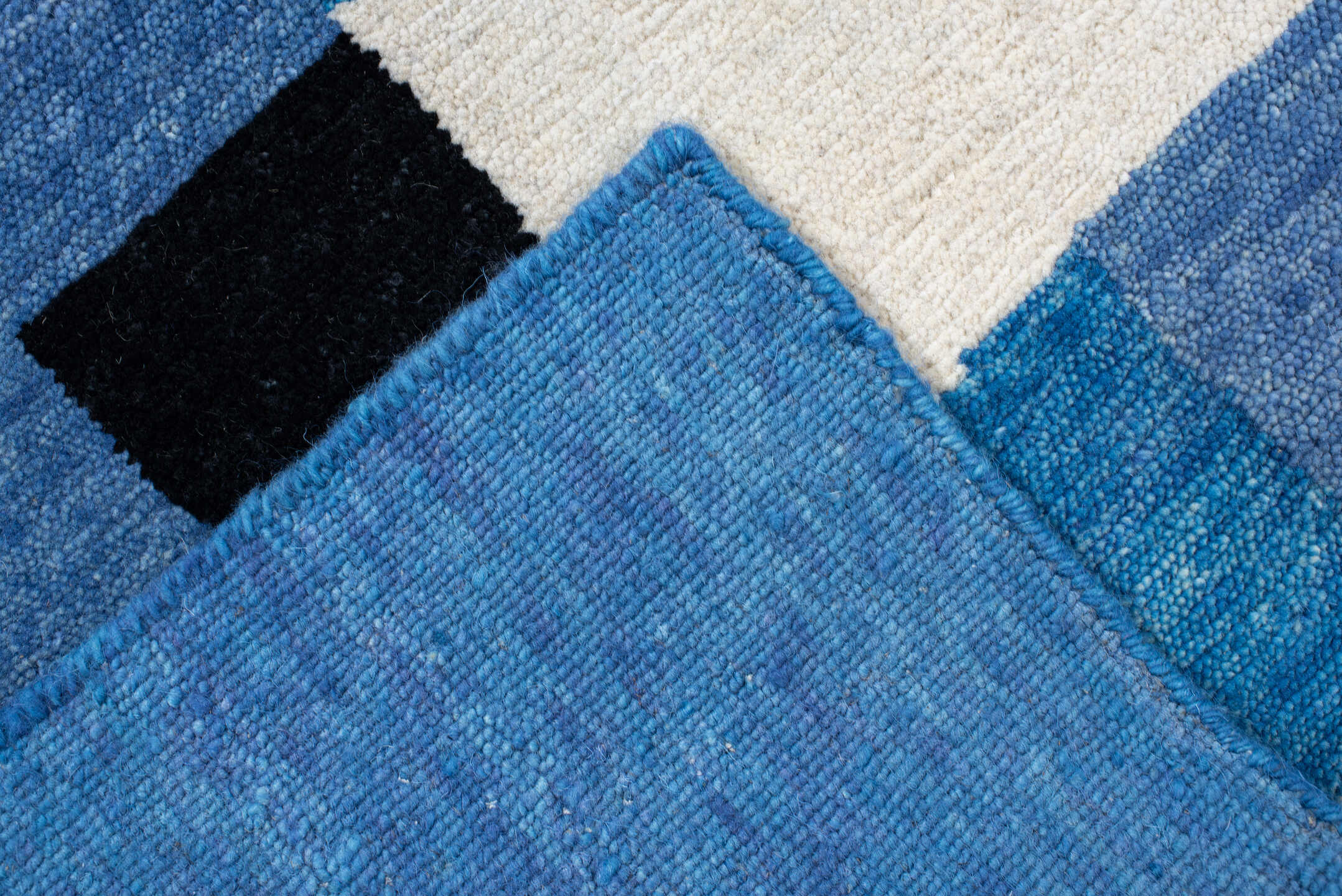 8' x 10' one-of-a-kind handmade vintage Tribeca large size rug. Color palette: blue, gray, ivory, navy, black, sky_blue