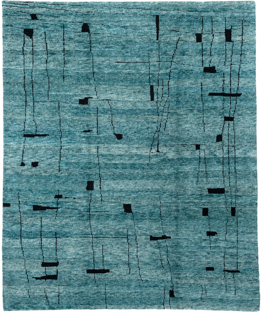 8' x 10' one-of-a-kind handmade vintage Tribeca large size rug. Color palette: teal, charcoal, aqua, gray, black