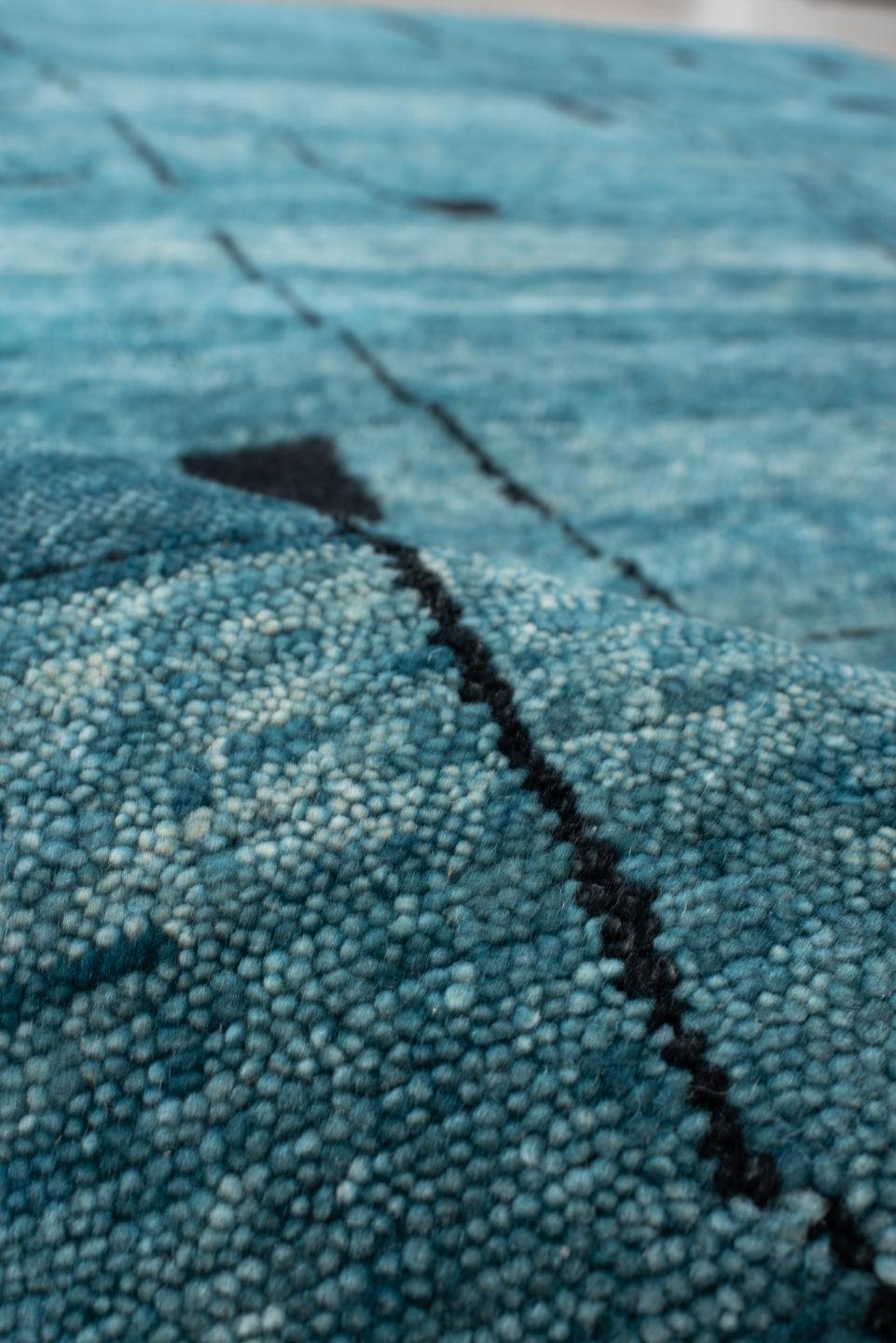 8' x 10' one-of-a-kind handmade vintage Tribeca large size rug. Color palette: teal, charcoal, aqua, gray, black