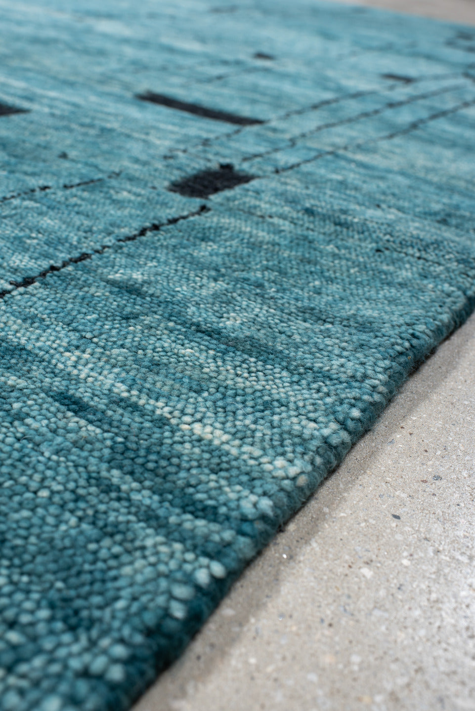 8' x 10' one-of-a-kind handmade vintage Tribeca large size rug. Color palette: teal, charcoal, aqua, gray, black