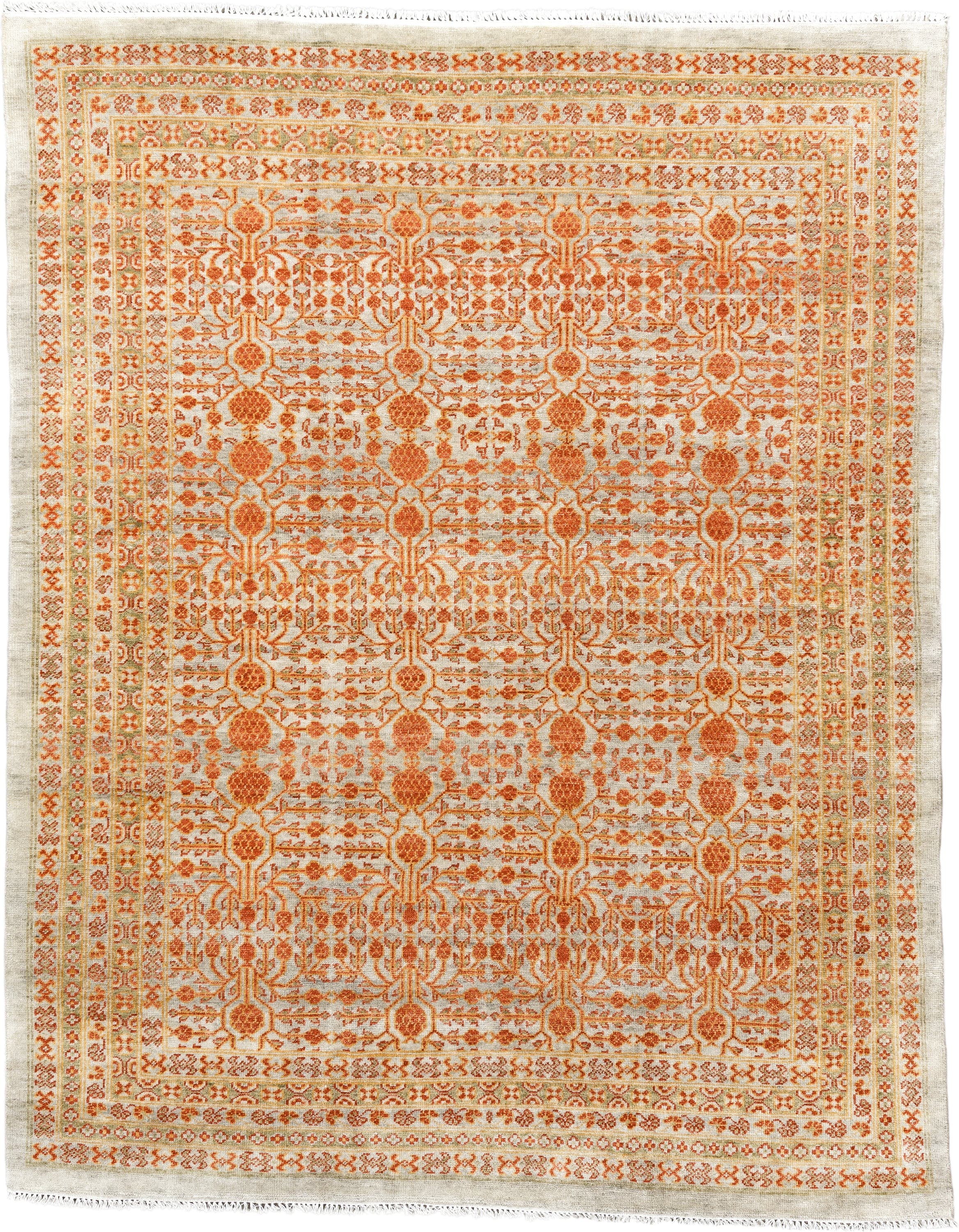 7' x 9' one-of-a-kind handmade vintage Tribeca large size rug. Color palette: ivory, terra cotta, sage, camel, rust
