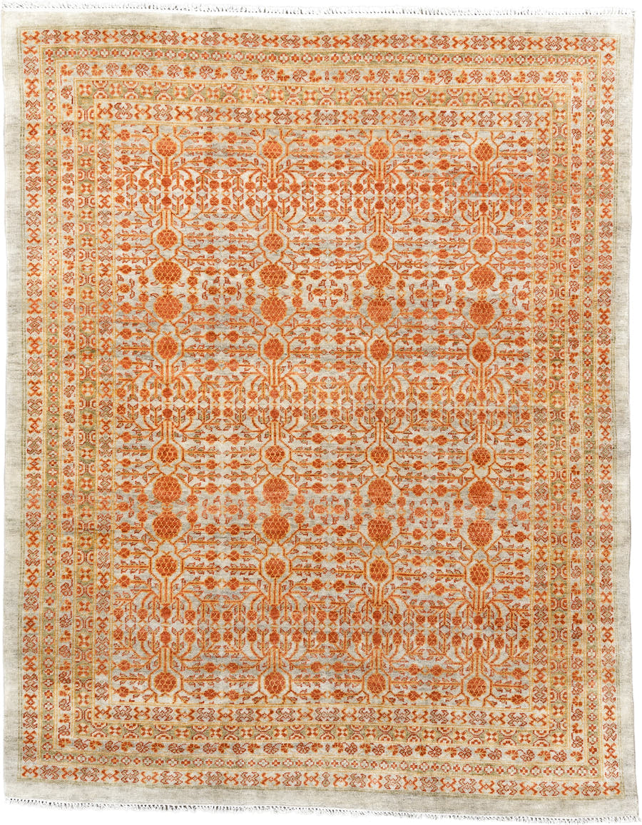 7' x 9' one-of-a-kind handmade vintage Tribeca large size rug. Color palette: ivory, terra cotta, sage, camel, rust