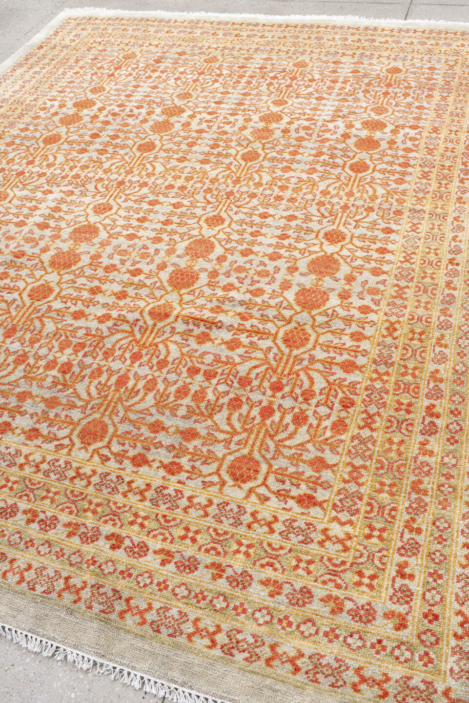 7' x 9' one-of-a-kind handmade vintage Tribeca large size rug. Color palette: ivory, terra cotta, sage, camel, rust